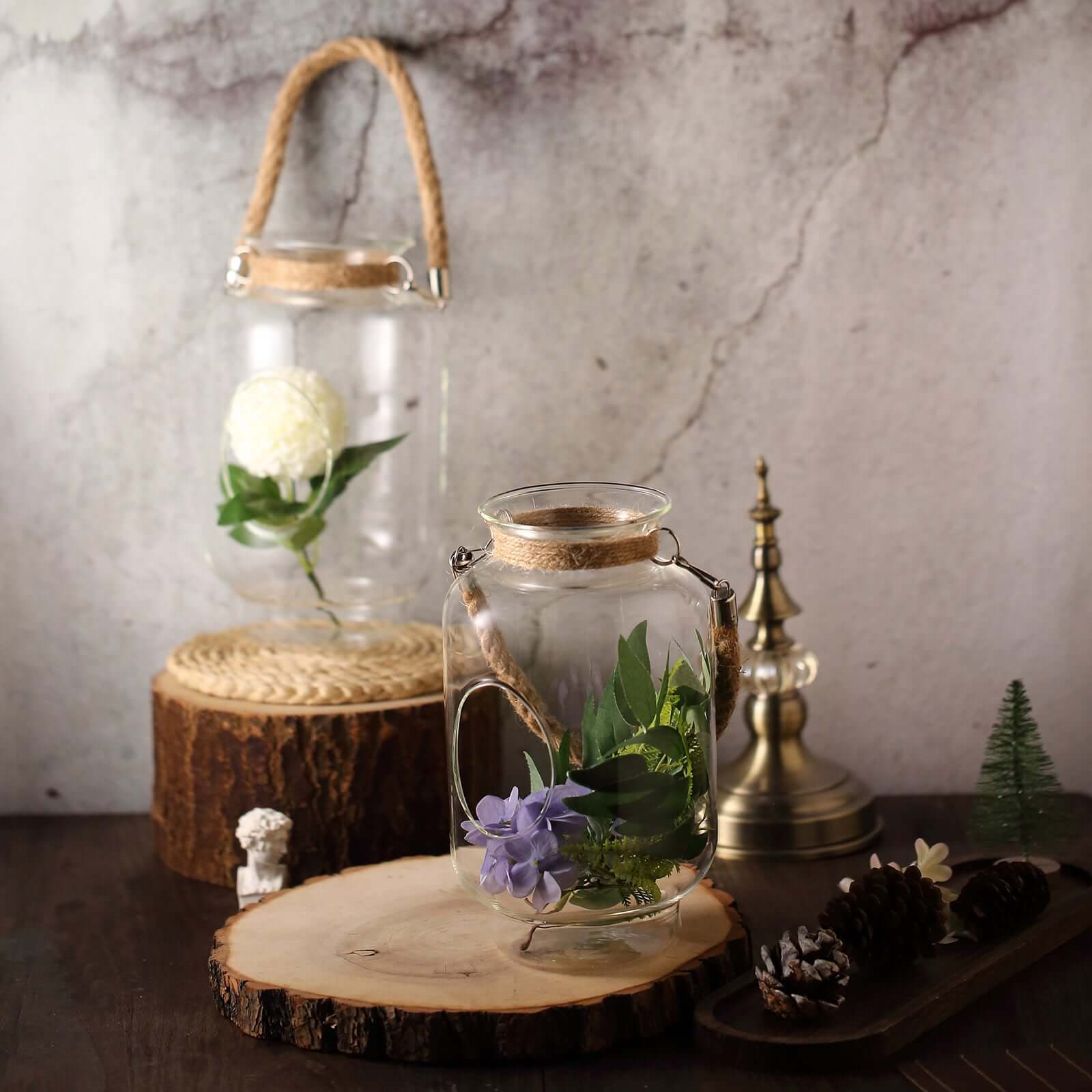 2-Pack Glass Vase Jars Clear with Twine Rope Handle - Rustic Hanging Terrariums for Events 16"