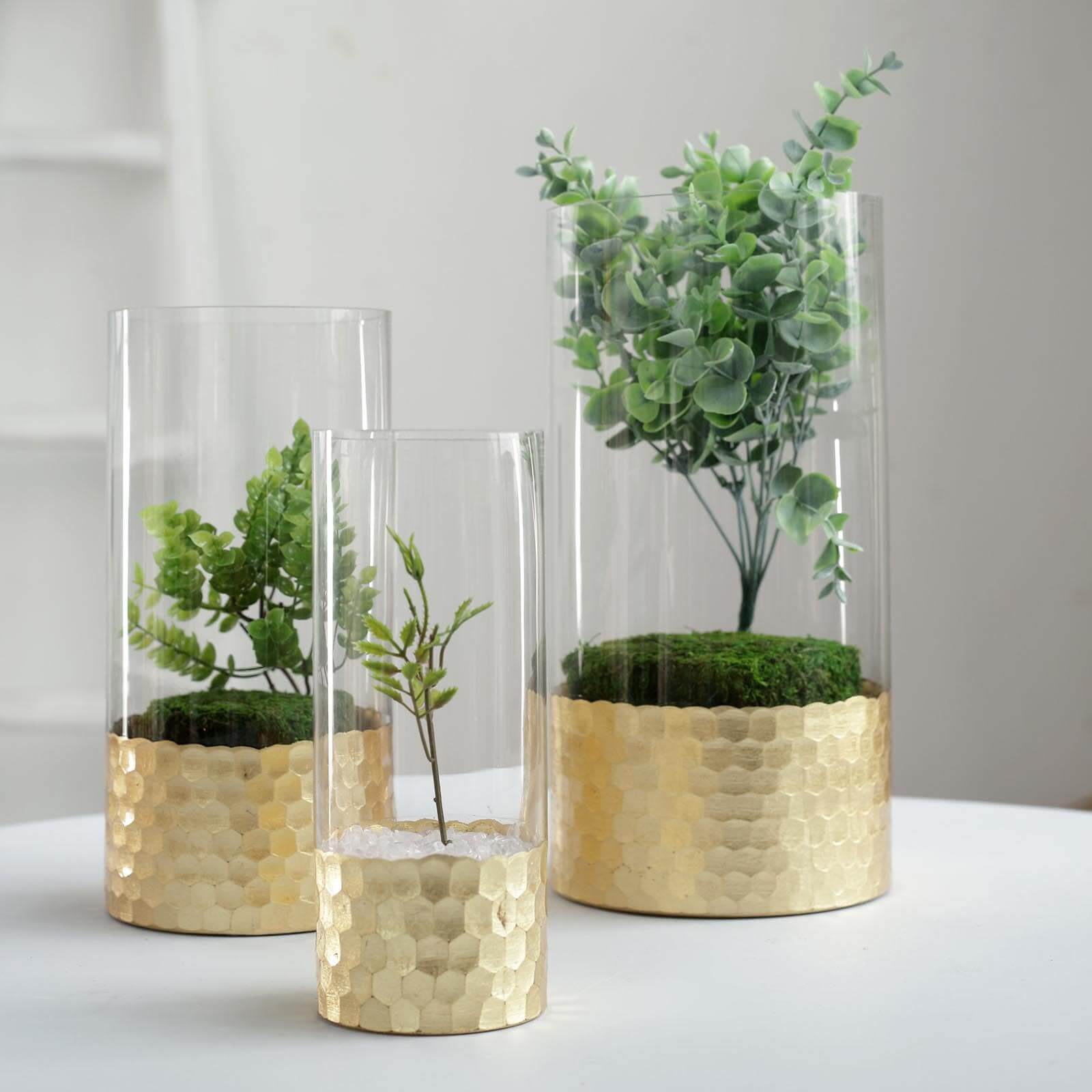 Set of 3 Clear Glass Cylinder Vases with Gold Honeycomb Base, Votive Tealight Candle Holder Set - 8",10",12"