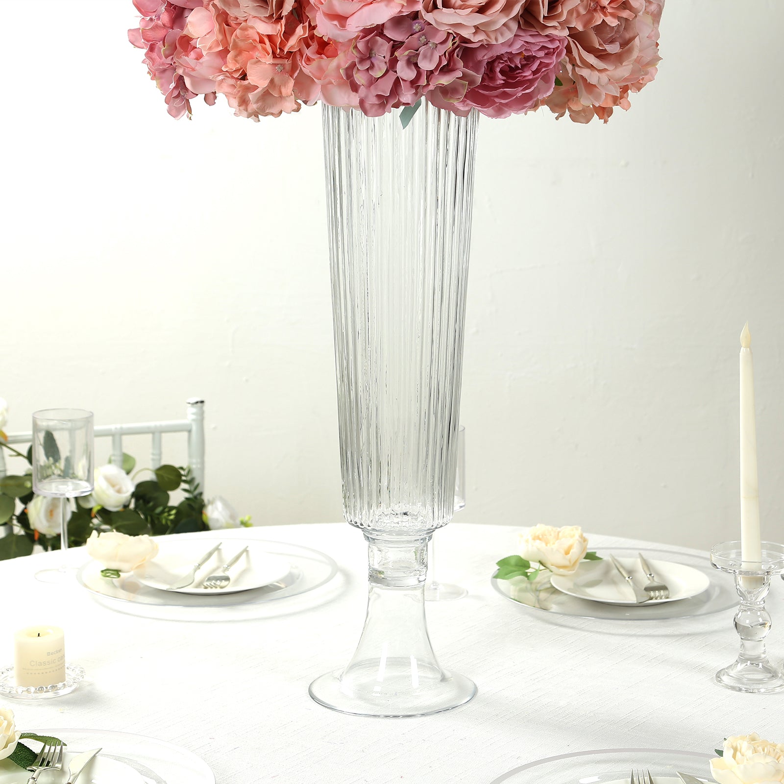 4-Pack Glass Trumpet Vases Ribbed Design Clear - Durable Flower Centerpieces for Events 26"