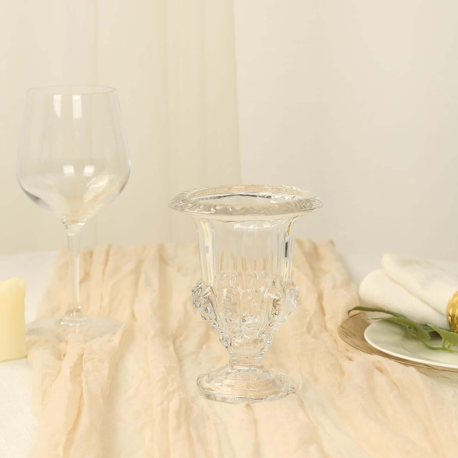 2-Pack Glass Mini Pedestal Flower Vases in Classic Roman Urn Style Clear - Sophisticated Wedding Table Centerpieces 8"
