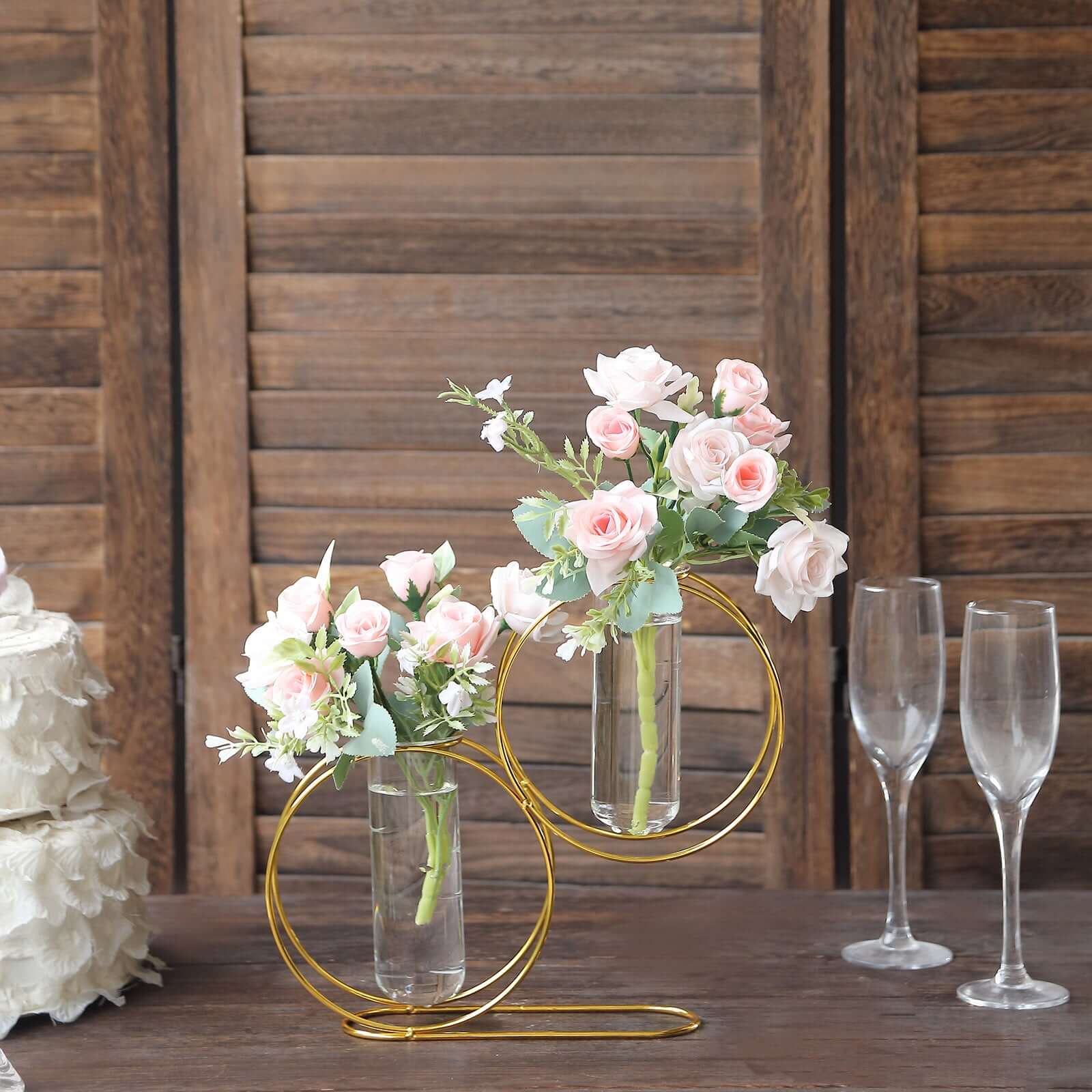 2 Pack 10" Gold Metal Geometric Floating Glass Vase Centerpiece, Nordic Style Double Ring Test Tube Flower Vase