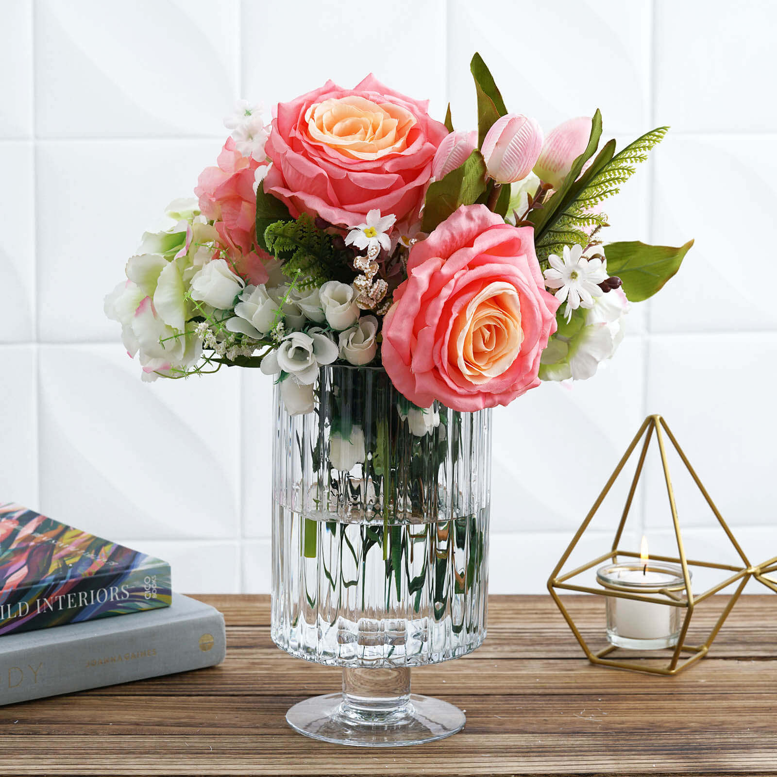 2-Pack Glass Pedestal Vases Ribbed Design Clear - Durable Votive Candle Holders for Events 9"