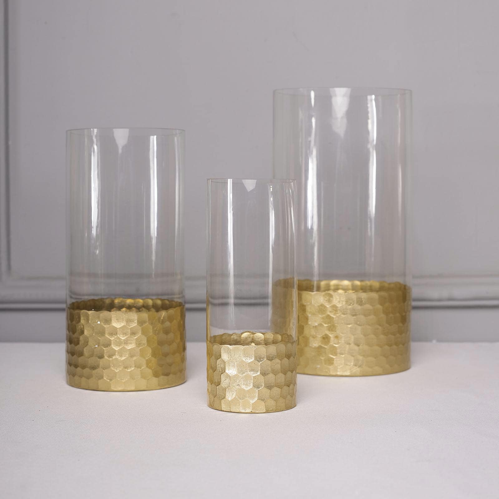 Set of 3 Clear Glass Cylinder Vases with Gold Honeycomb Base, Votive Tealight Candle Holder Set - 8",10",12"