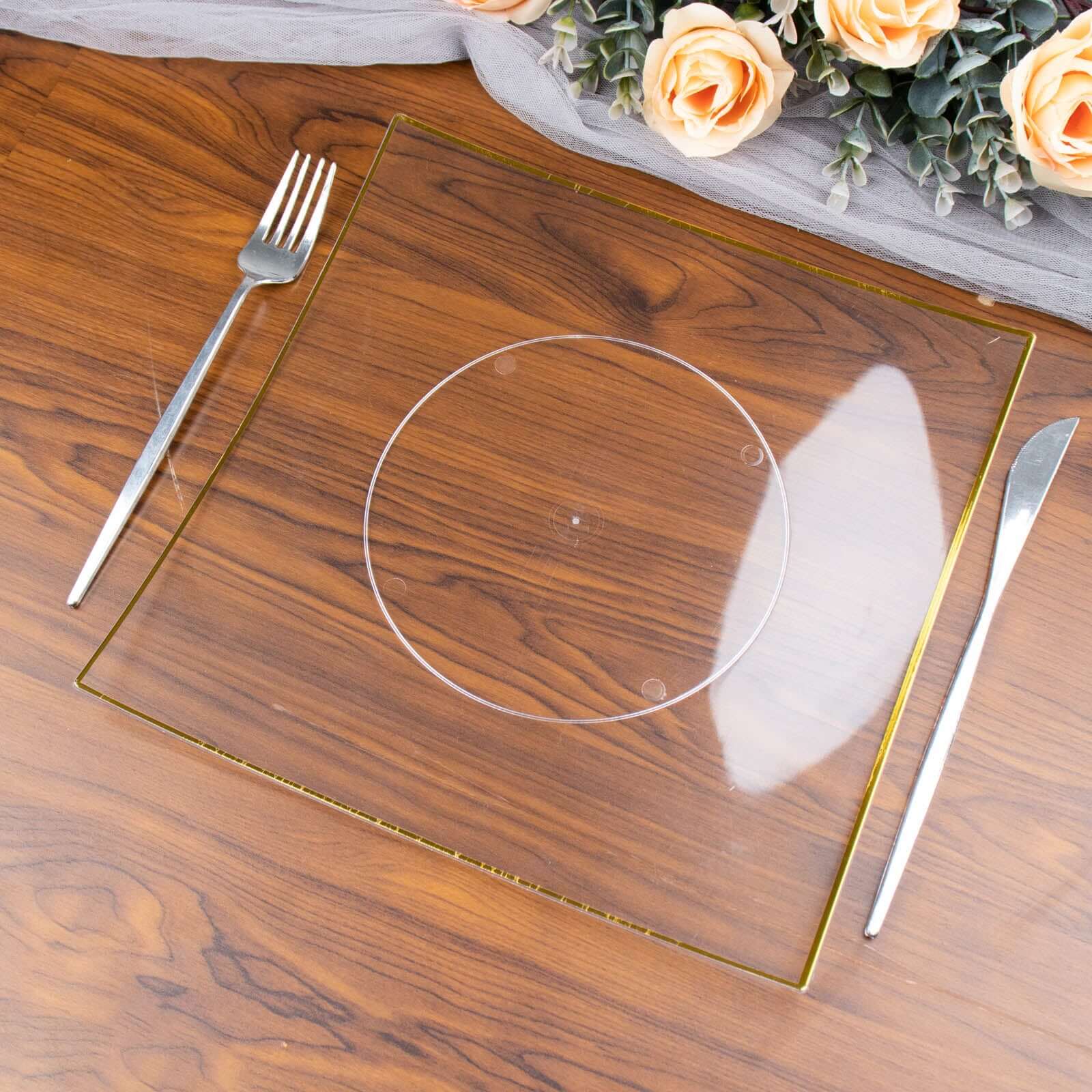10-Pack Plastic 8" Square Dessert Plates in Clear Concave Style with Gold Rim - Modern Disposable Salad Appetizer Party Plates