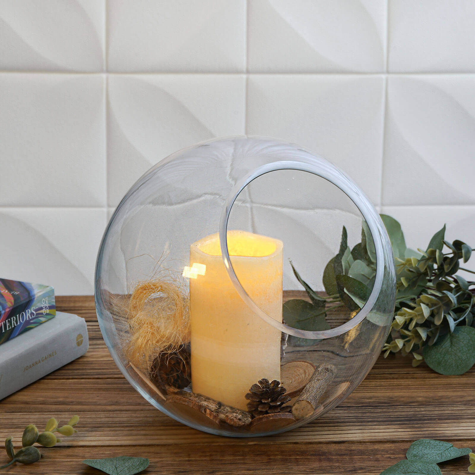 Glass Sphere Vase Slant Cut Design Clear - Hobnail Bubble Candle Holder for Wedding Tables 9"