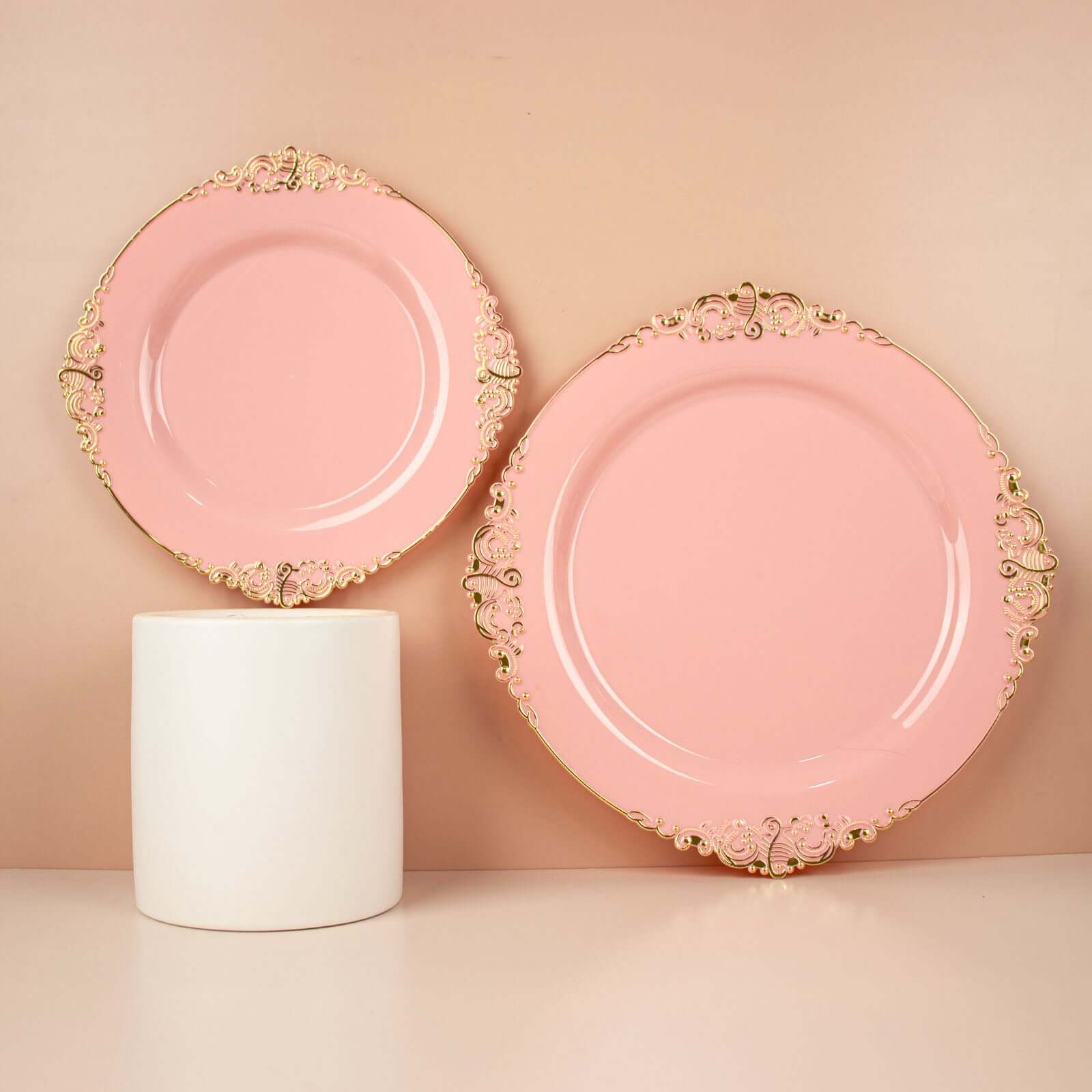 10-Pack Plastic 8" Round Dessert Plates in Dusty Rose with Gold Leaf Embossed Rim - Disposable Vintage Baroque Style Salad Plates