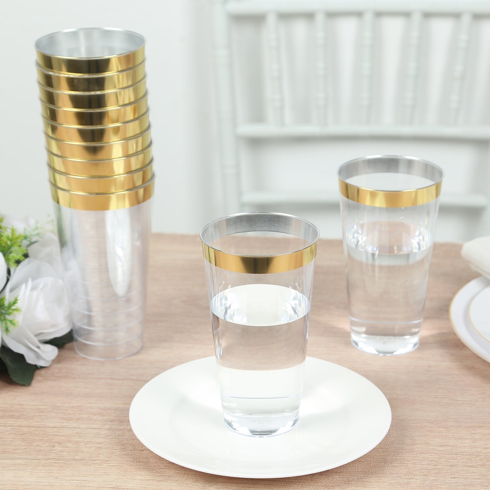 12-Pack Plastic Party Cups Clear with Gold Rim - Durable Disposable Tumblers for Drinks 17oz 5.5"