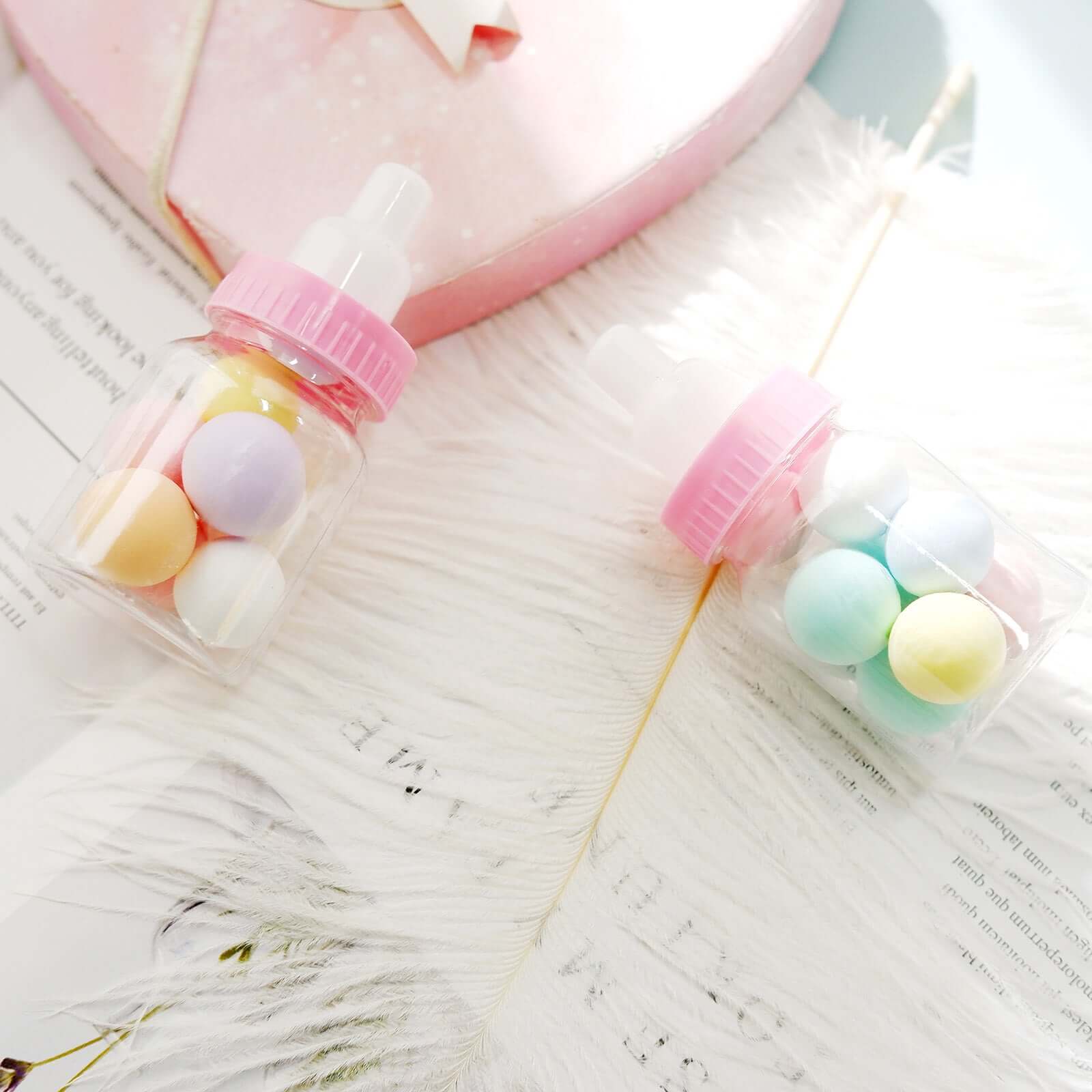 12-Pack Fillable Mini Candy Container in Baby Bottle Style Clear/Pink - Candy Treat Favor Boxes for Baby Showers 3.5"