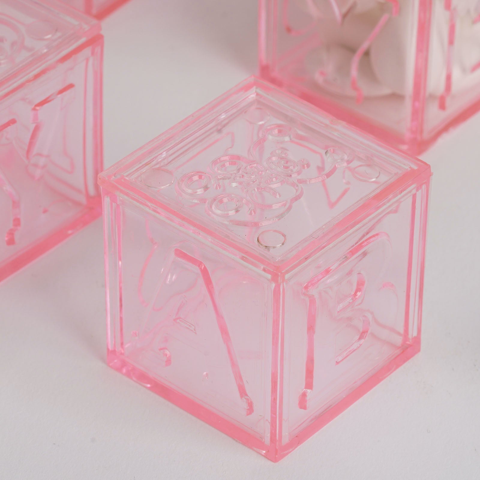12 Pack 2" Pink Fillable Plastic Baby Shower Candy Gift Boxes, Transparent Baby Blocks Favor Boxes