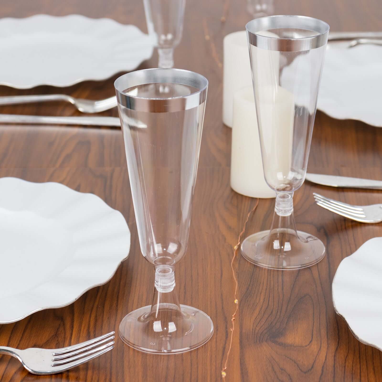12-Pack Plastic Champagne Flutes Clear with Silver Rim - Stylish Disposable Cocktail Glasses for Parties 5oz 6"