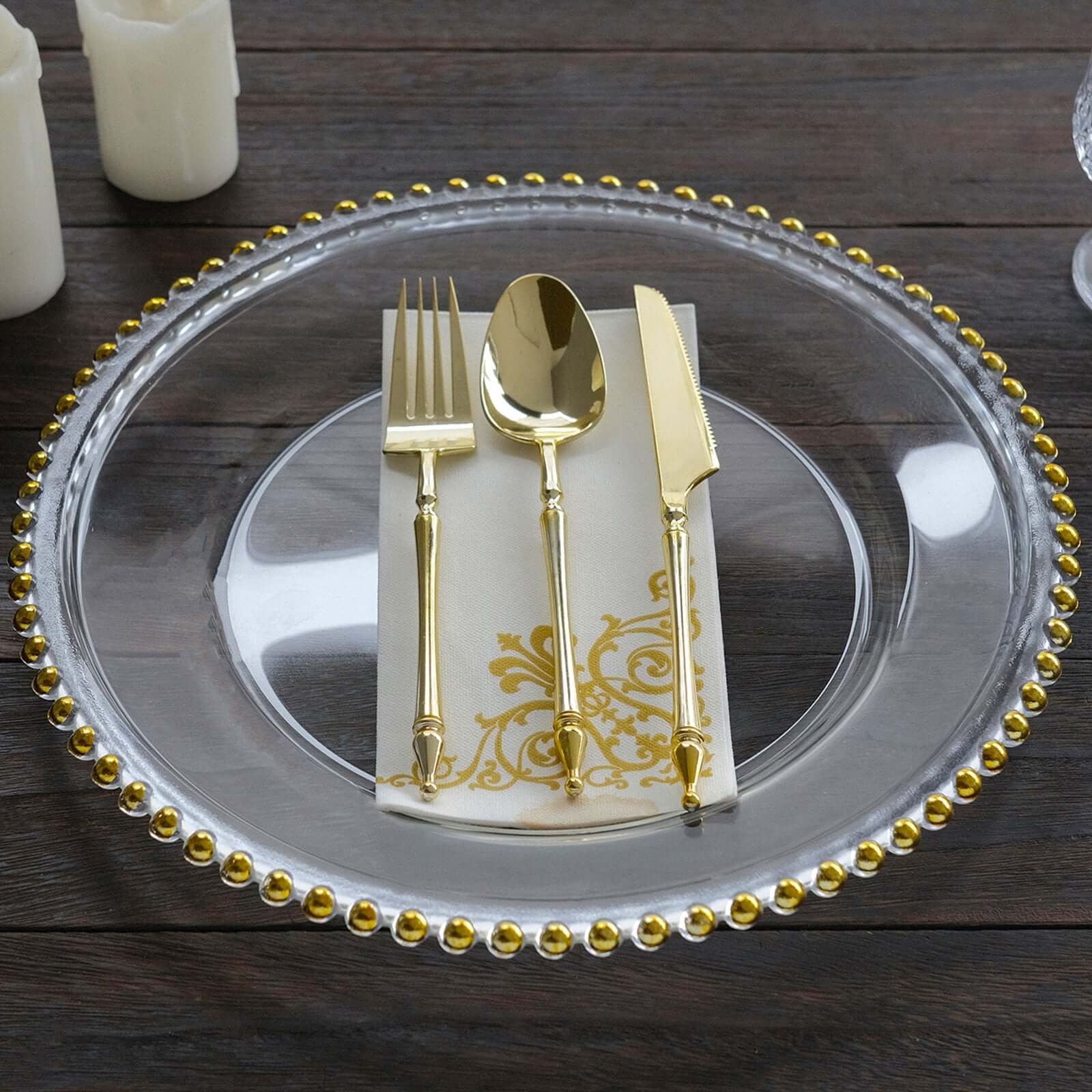 8-Pack Glass Round Charger Plates 12" in Gold with Beaded Rim, Event Tabletop Decorative Dinner Charger Tableware