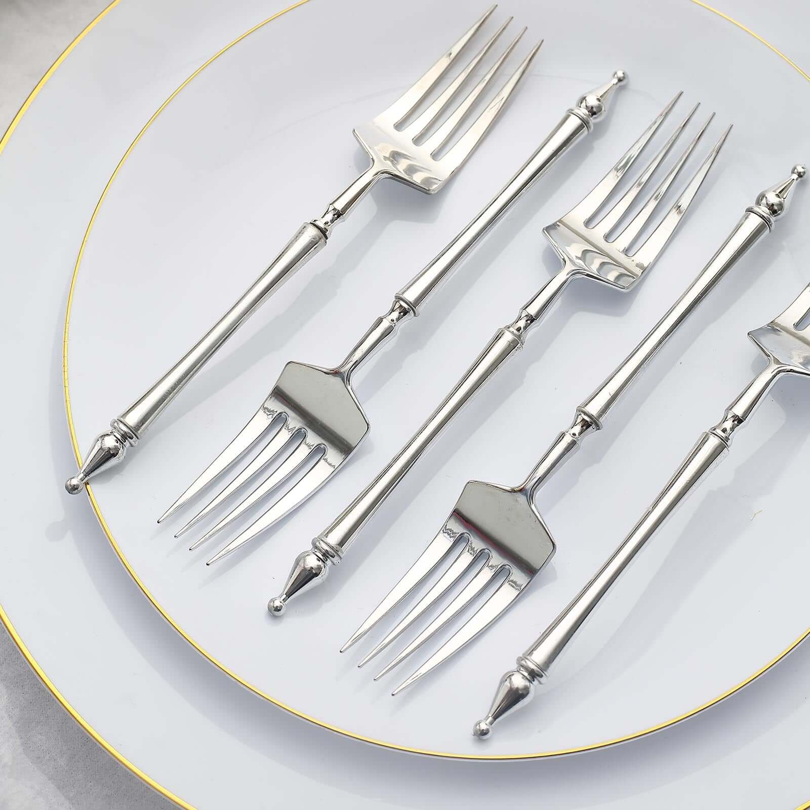 24-Pack Plastic Dessert Forks with Roman Column Handle Silver - European Style Disposable Utensils 6"
