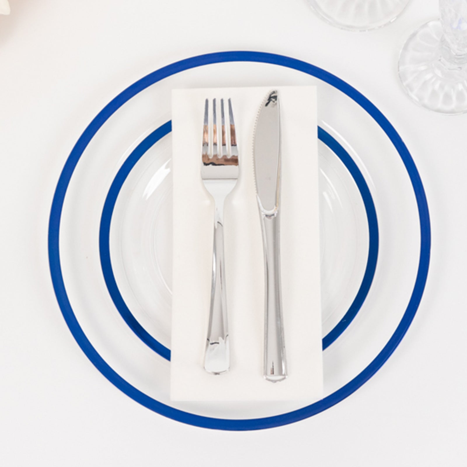 10-Pack Plastic 7" Round Appetizer Plates in Clear with Blue Rim - Sleek Disposable Salad Plates for Banquets & Special Occasions