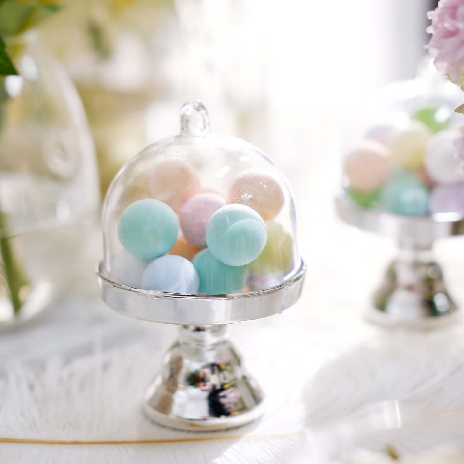 12-Pack Fillable Mini Pedestal Candy Container Clear/Silver - Decorative Candy Treat Favor Boxes with Dome Lid 4"