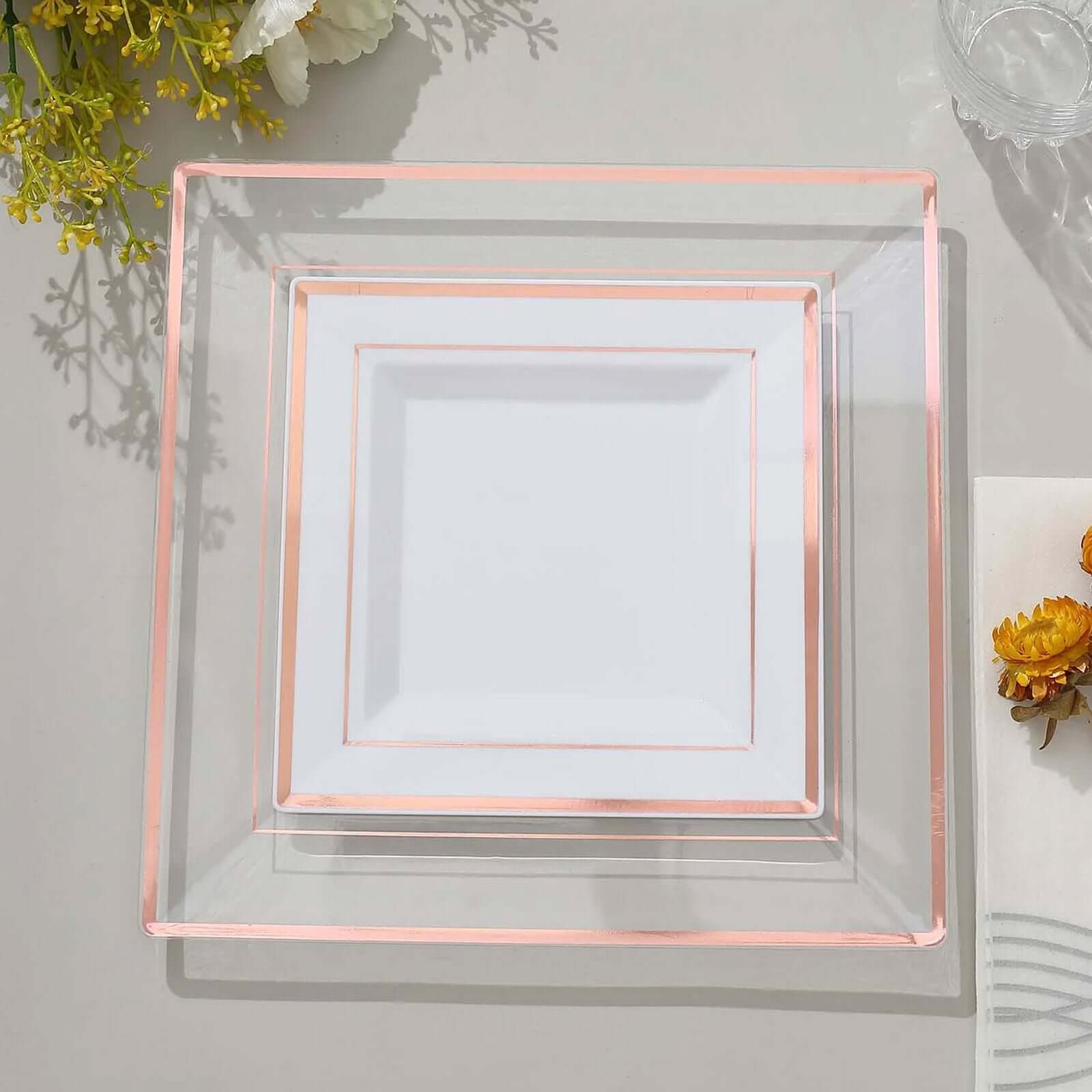 10-Pack Plastic Salad Dessert Plates White Square with Rose Gold Trim - Durable Disposable Appetizer Plates 7"