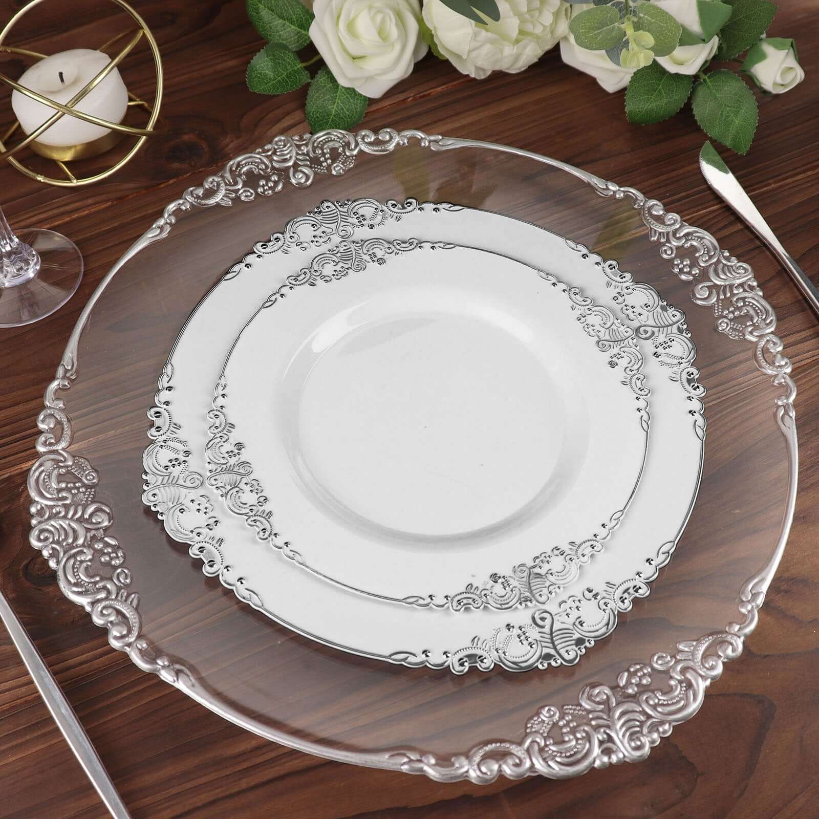 10-Pack Plastic 8" Round Dessert Plates in White with Silver Leaf Embossed Rim - Disposable Vintage Baroque Style Salad Plates