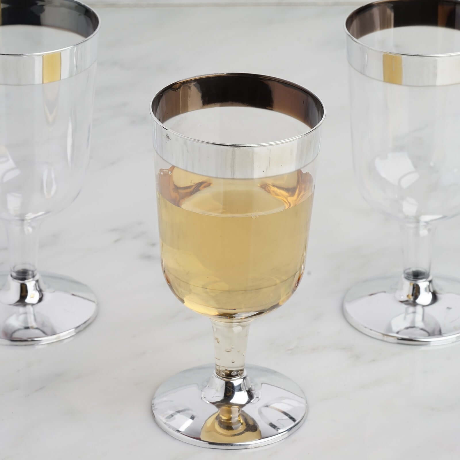 12-Pack Plastic Wine Glasses Clear with Chrome Silver Rim - Stylish Short Stem Disposable Cups for Parties 6oz