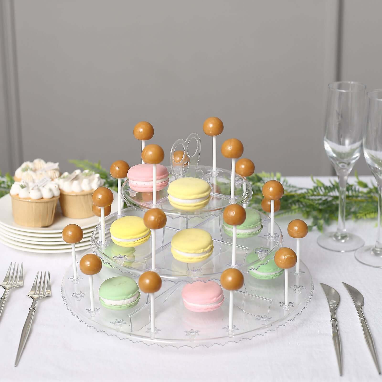 3-Tier Plastic Cucpake & Cake Pop Stand Clear - Decorative Reusable Lollipop Holder Dessert Tower with Floral Edges for Birthday Baby Shower & Tea Parties 12"