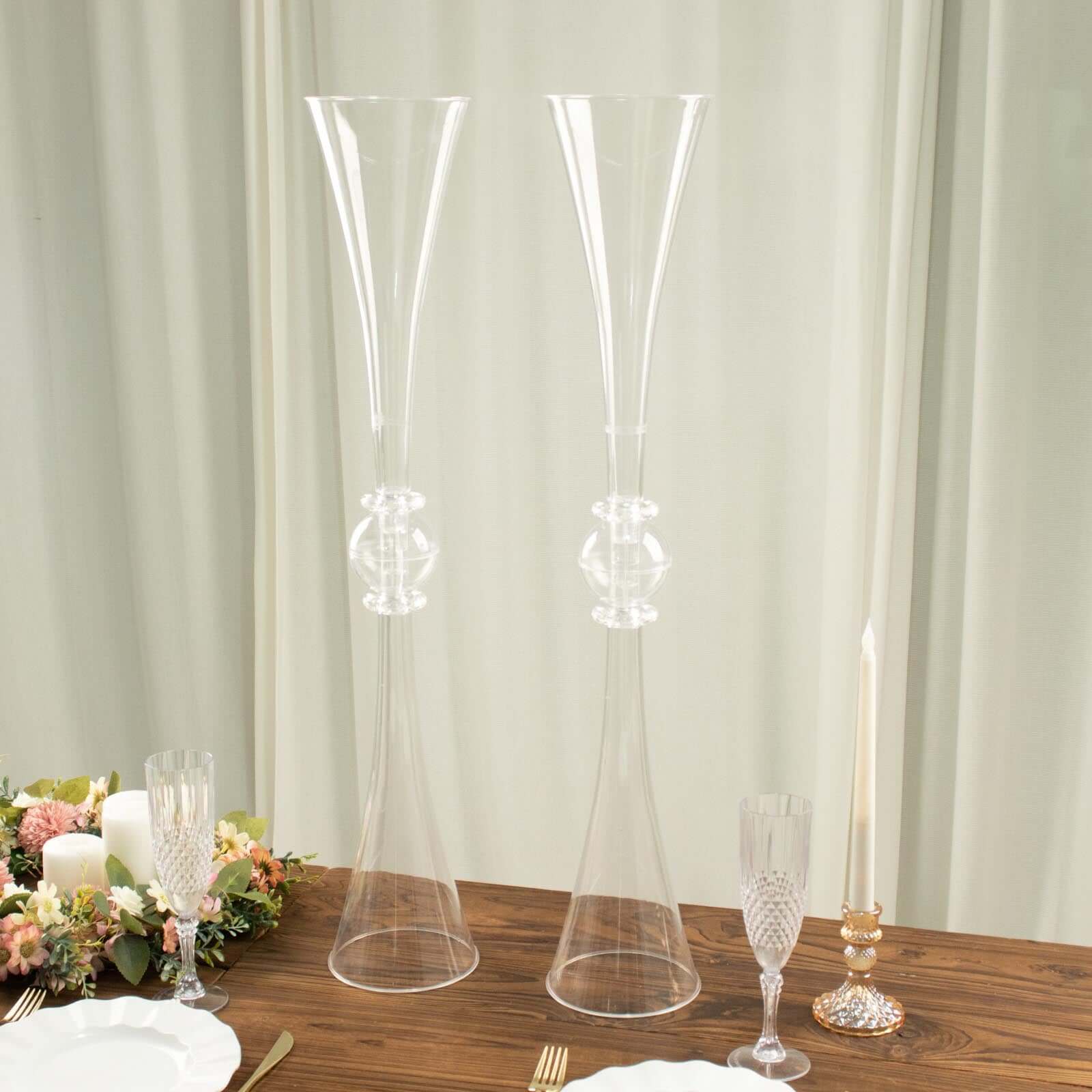 2 Pack 31" Clear Crystal Embellishment Trumpet Flower Vase, Reversible Plastic Table Centerpiece