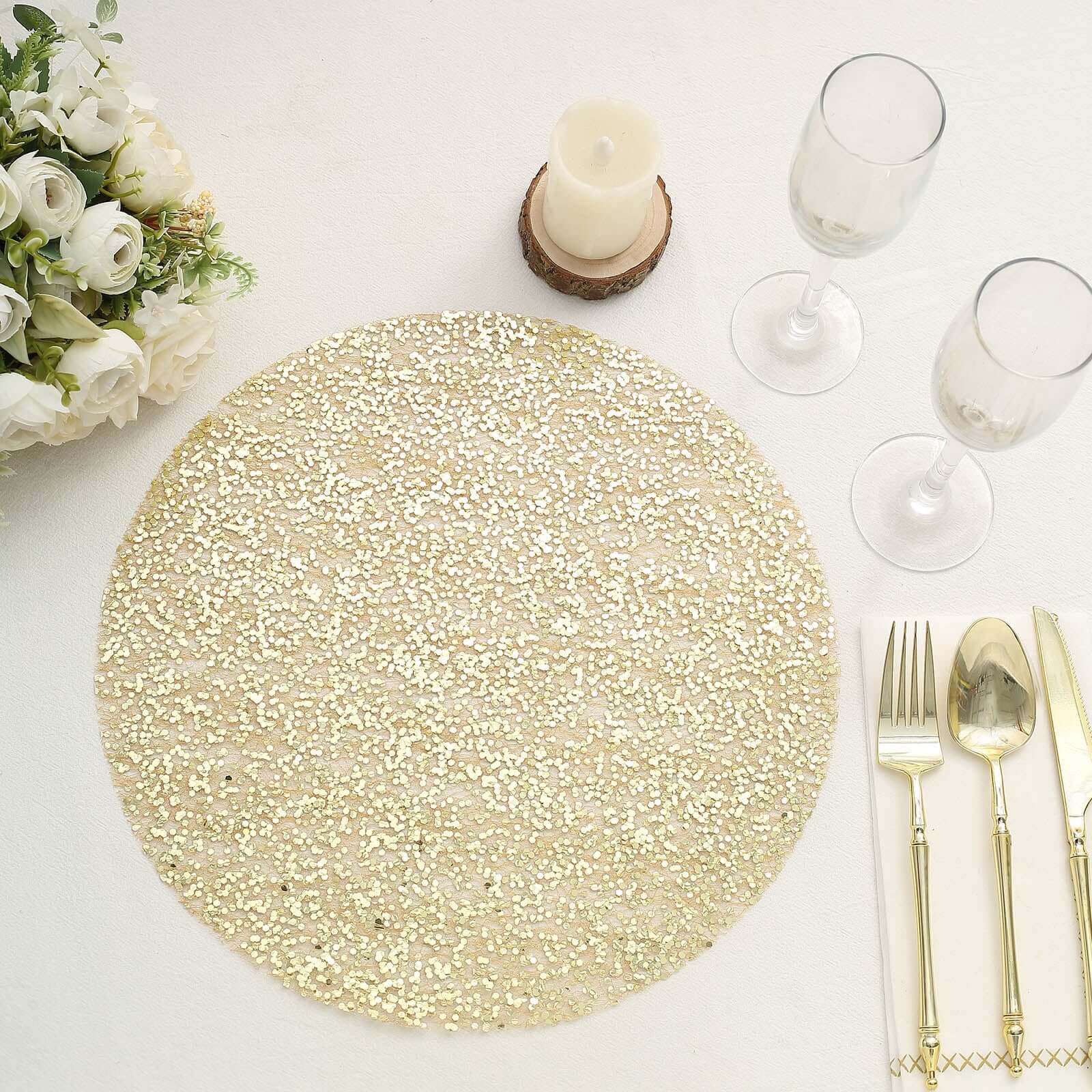 10-Pack Table Placemats Sequin Design Metallic Gold Round - Mesh Disposable Dust-Free Dining Mats 13"