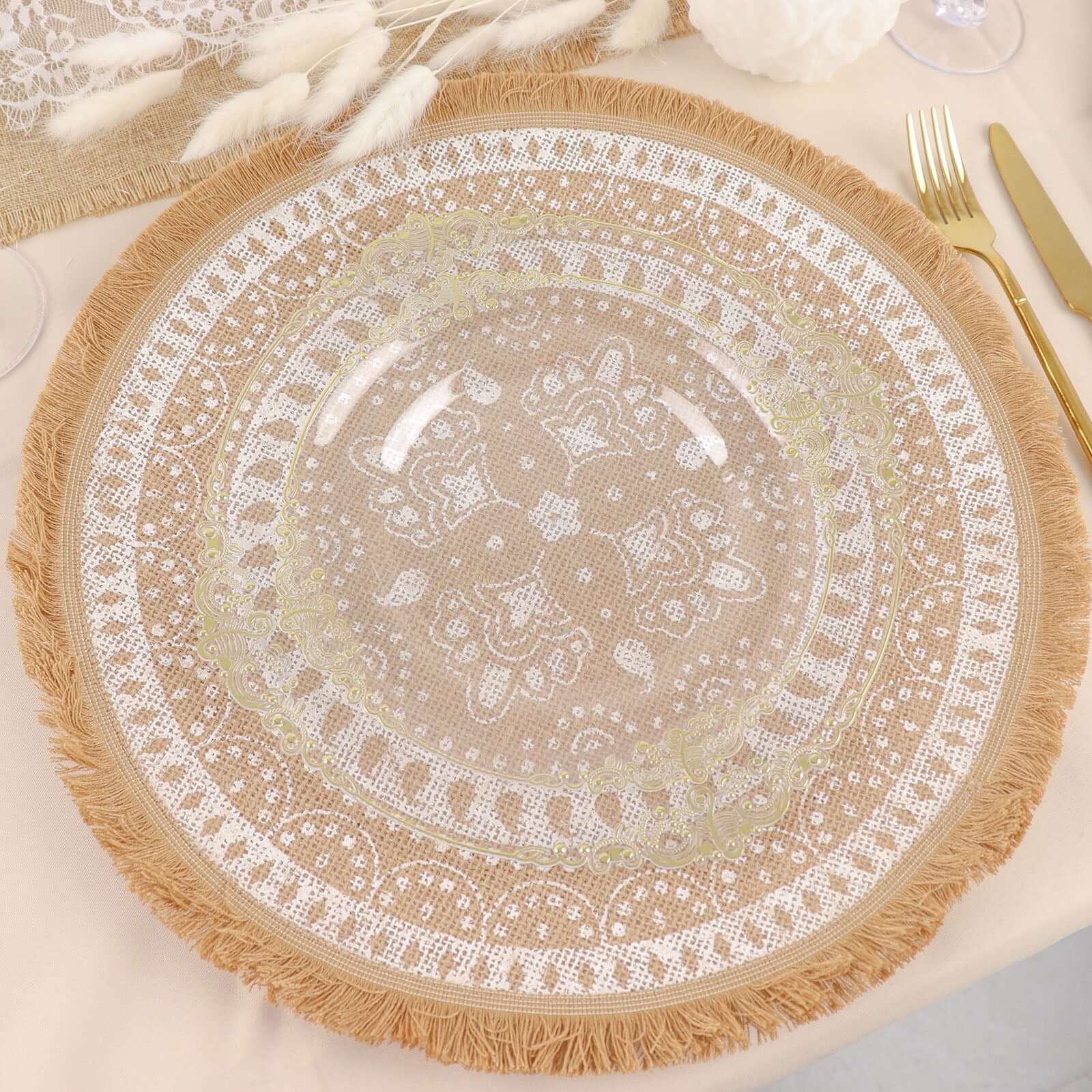 4-Pack Placemats Fringe Print Design Natural Jute and White Round - Rustic Burlap Woven Style 15"