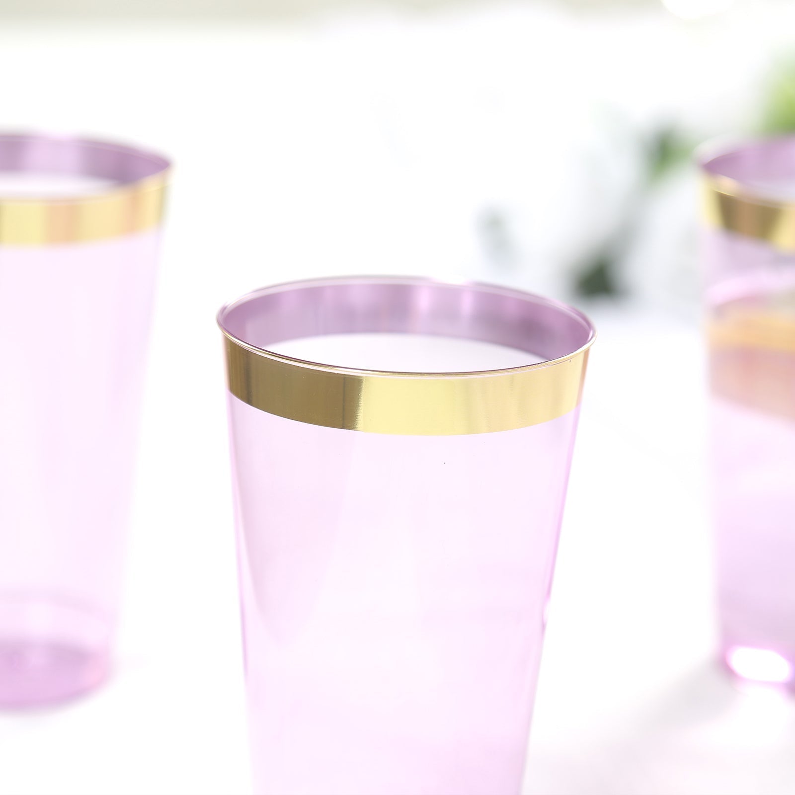 12-Pack Plastic Party Cups Transparent Purple with Gold Rim - Durable Disposable Tumblers for Drinks 17oz 5.5"