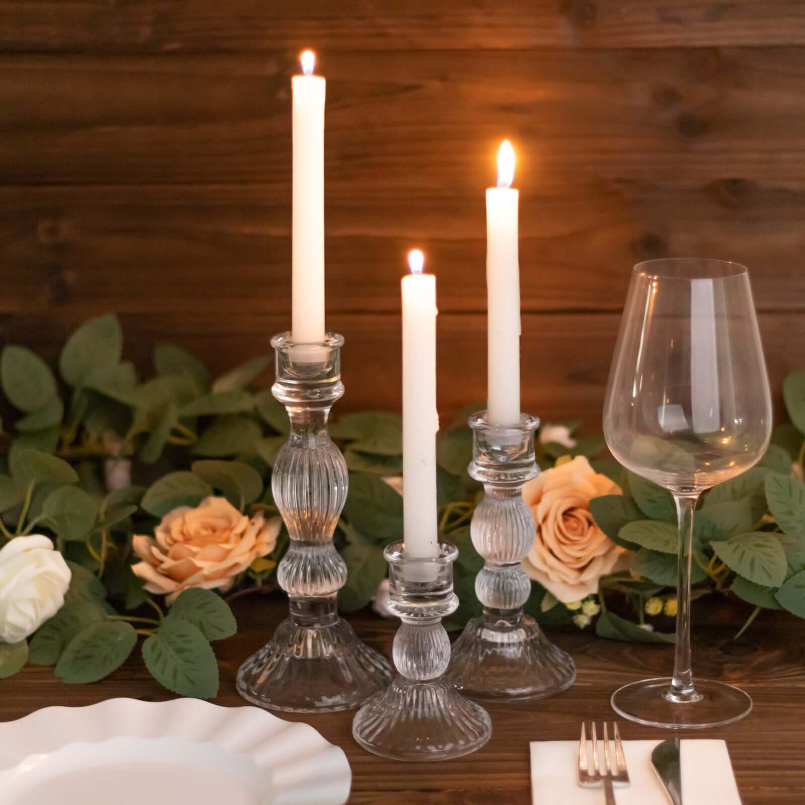 Set of 3 Glass Taper Candle Holders Fluted Design Clear - Ribbed Crystal Candlestick Stands 4", 6", 8"