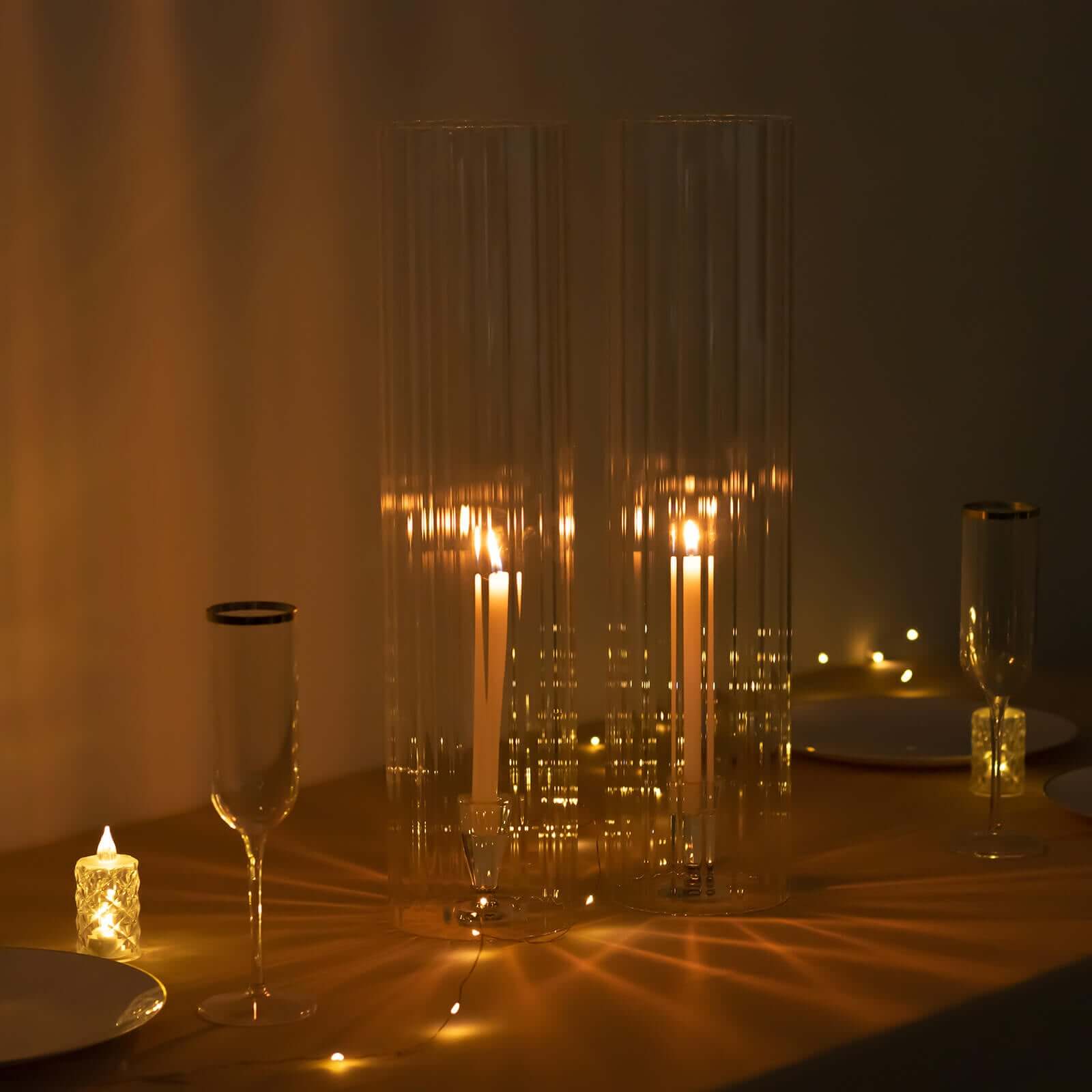 2-Pack Clear Ribbed Glass Hurricane Shades Open End Design - Stylish Candelabra Pillar Candle Holder Table Centerpiece 20"