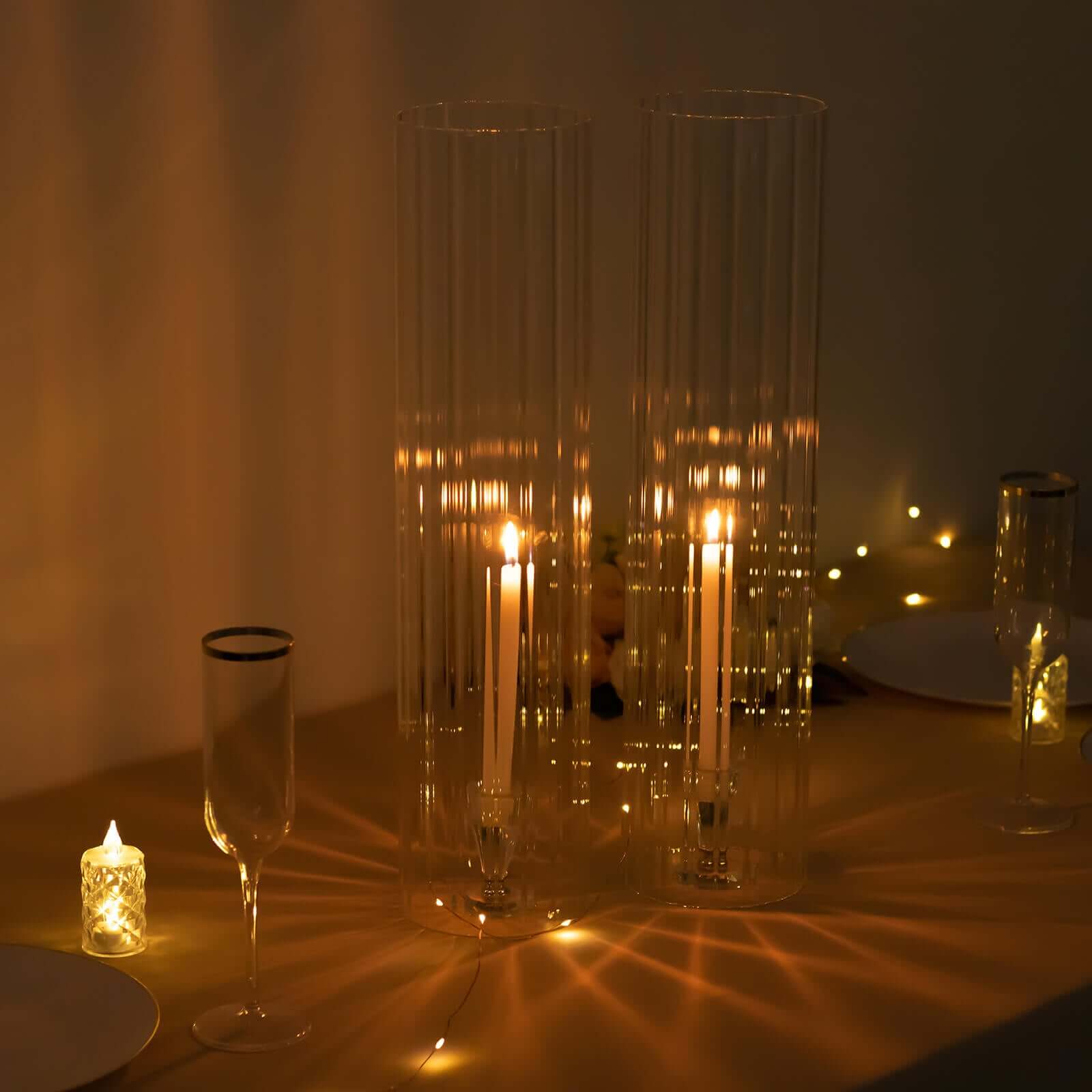 2-Pack Clear Ribbed Glass Hurricane Shades Open End Design - Stylish Candelabra Pillar Candle Holder Table Centerpiece 20"
