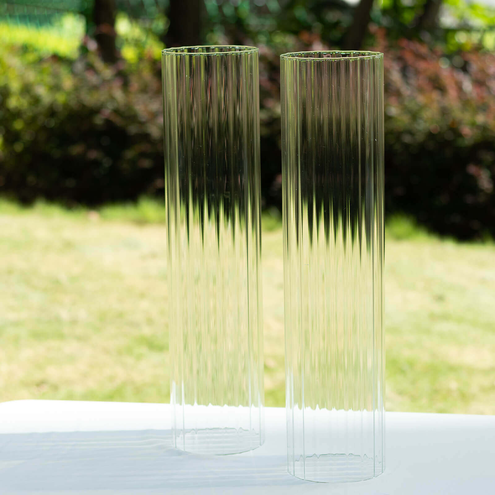 2-Pack Clear Ribbed Glass Hurricane Shades Open End Design - Stylish Candelabra Pillar Candle Holder Table Centerpiece 20"