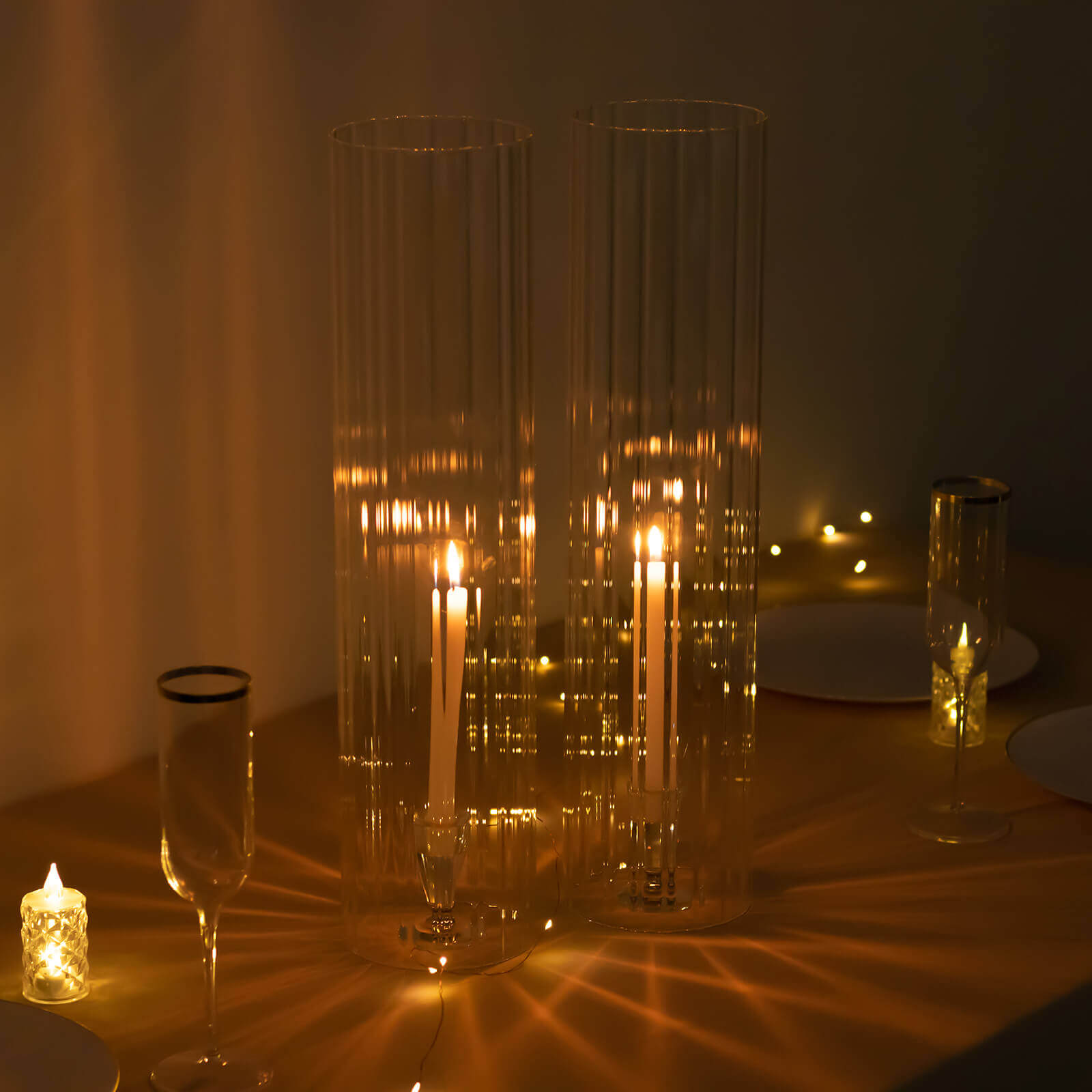 2-Pack Clear Ribbed Glass Hurricane Shades Open End Design - Stylish Candelabra Pillar Candle Holder Table Centerpiece 20"