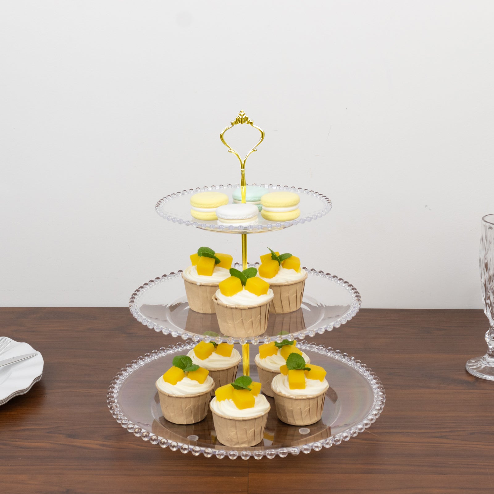 14" Clear 3-Tier Plastic Dessert Display Stand With Beaded Rim, Round Cupcake Tower Tea Party Serving Platter With Top Handle