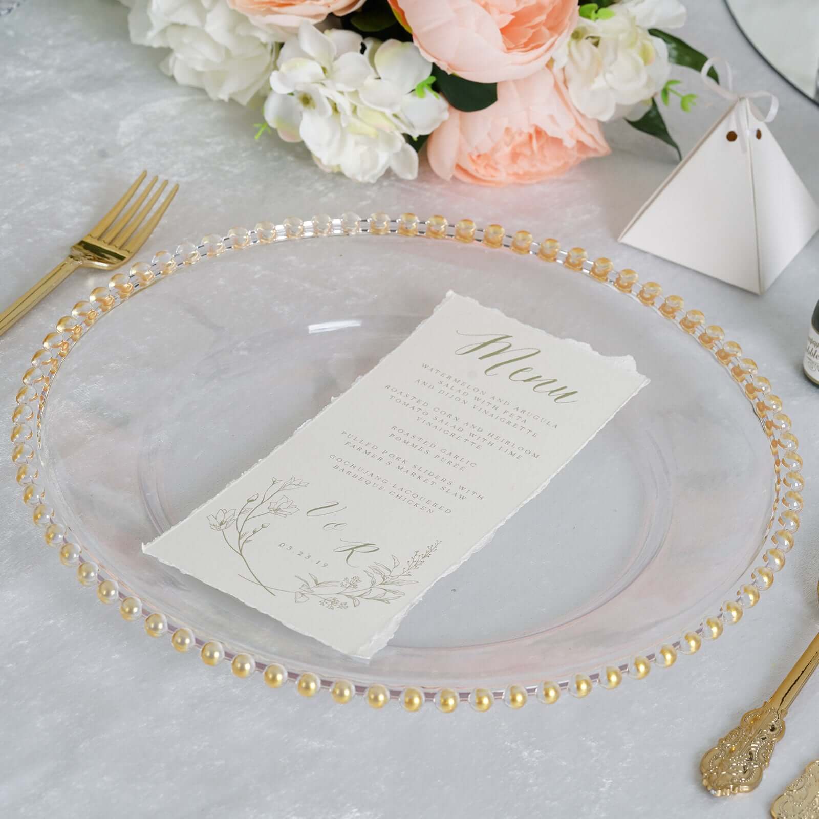6-Pack Acrylic Round Charger Plates 13" in Clear with Gold Beaded Rim, Decorative Dinner Party Serving Plates