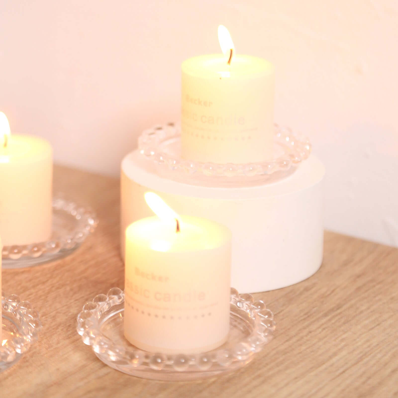 6-Pack Glass Pillar Candle Holder Plates Clear with Beaded Rims - Transparent Small Round Coaster Trays 4"