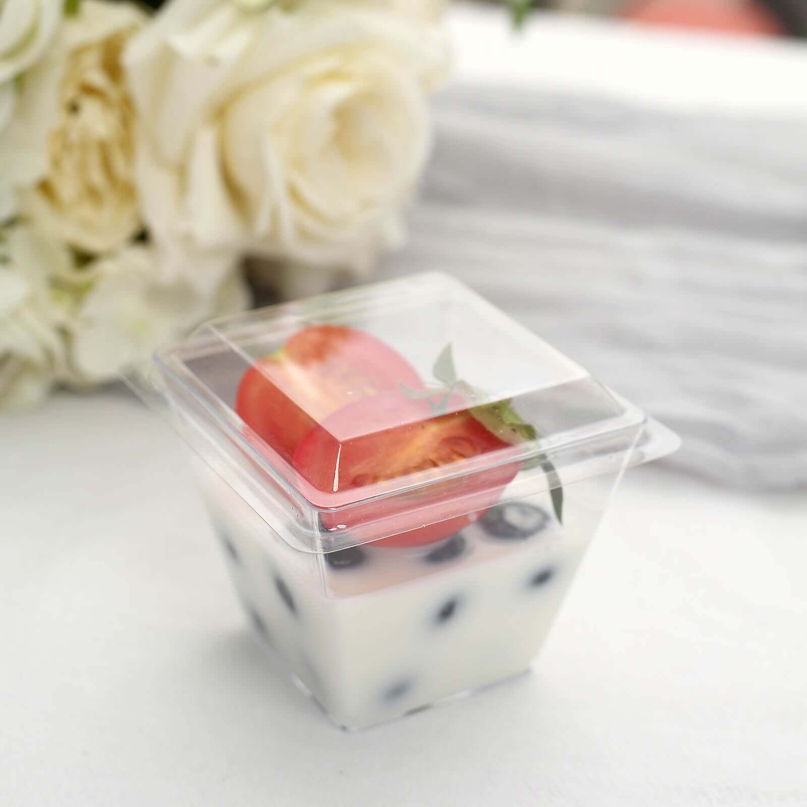 24-Pack Plastic Square Dessert Tumbler Cup Clear - Disposable Snack Serving Cups with Lid and Spoon Set for Parties, Catered Events & Buffets 4oz