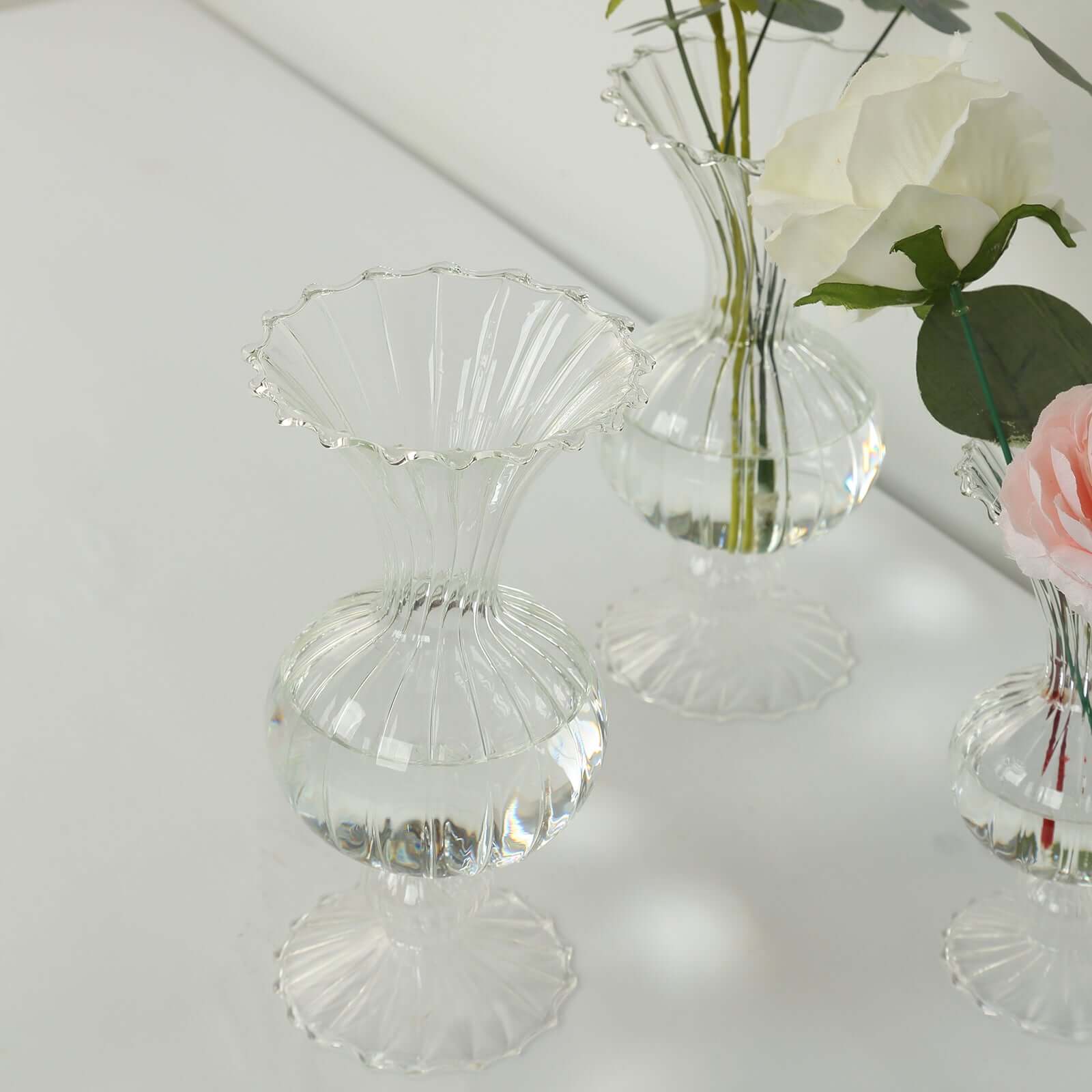 Set of 4 Glass Flower Vases Nordic Style with Petals Texture Clear - Transparent Bud Planters for Wedding Table Decor 7", 9"