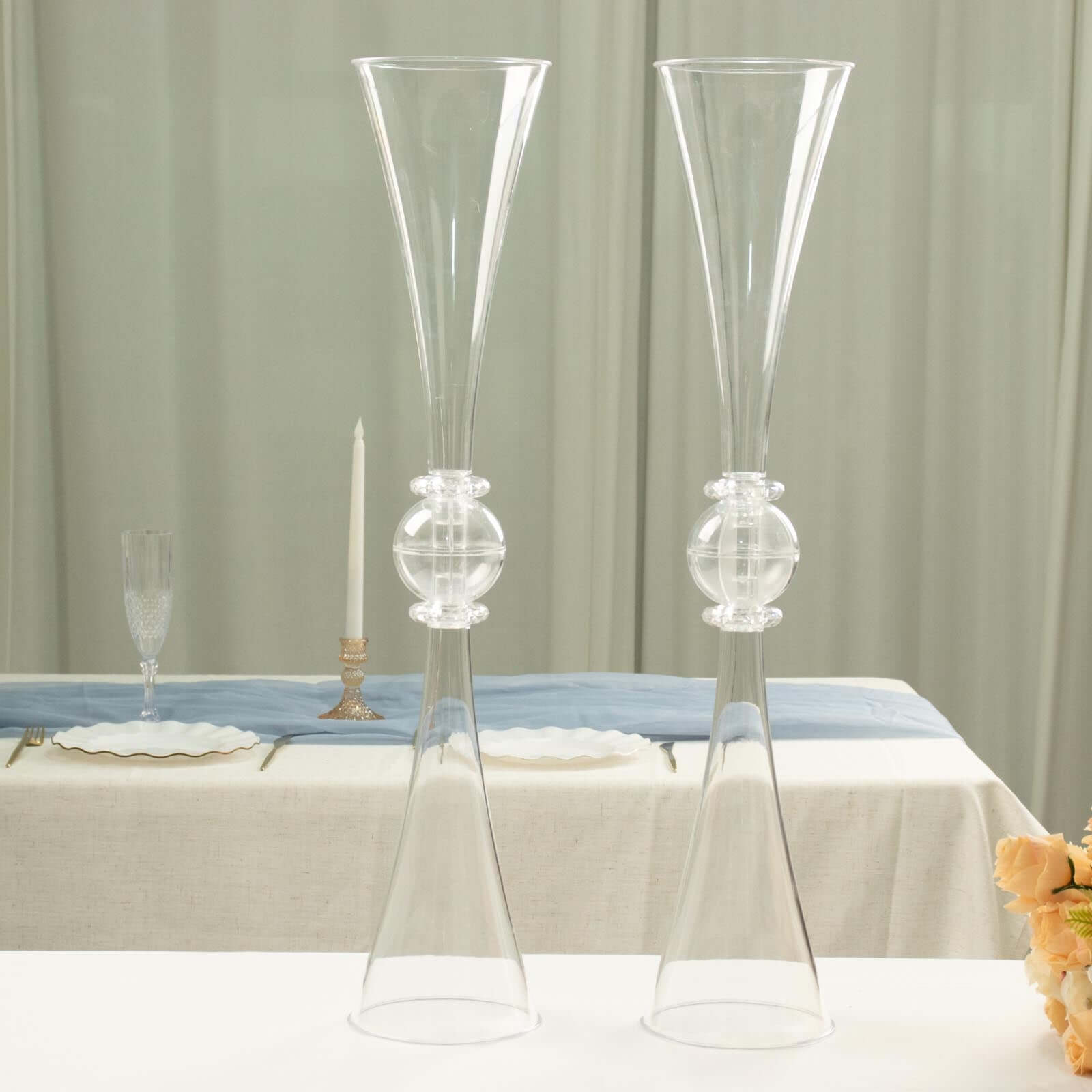 2-Pack Flower Vases Trumpet Design with Crystal Embellishments Clear - Reversible Plastic Centerpieces for Events 27"