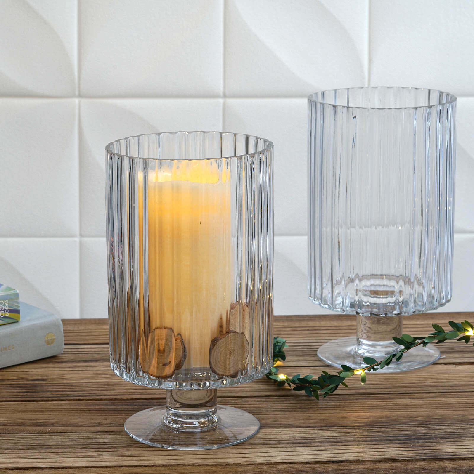 2-Pack Glass Pedestal Vases Ribbed Design Clear - Durable Votive Candle Holders for Events 9"