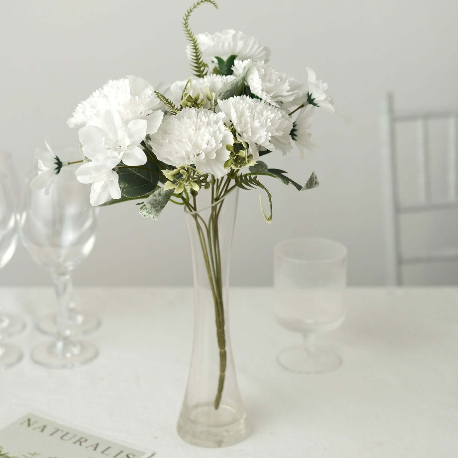 3 Pack 14" White Artificial Silk Carnation Flower Arrangements, Faux Floral Bouquets Bushes