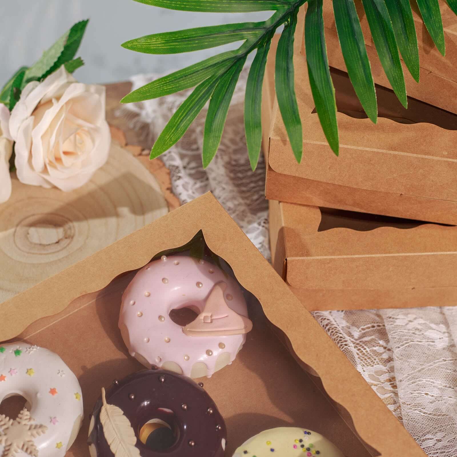 12-Pack Cardstock Bakery Boxes with PVC Window Natural Brown - Versatile Cake Containers for Donuts Muffins & Homemade Goods 9"x9"x2"