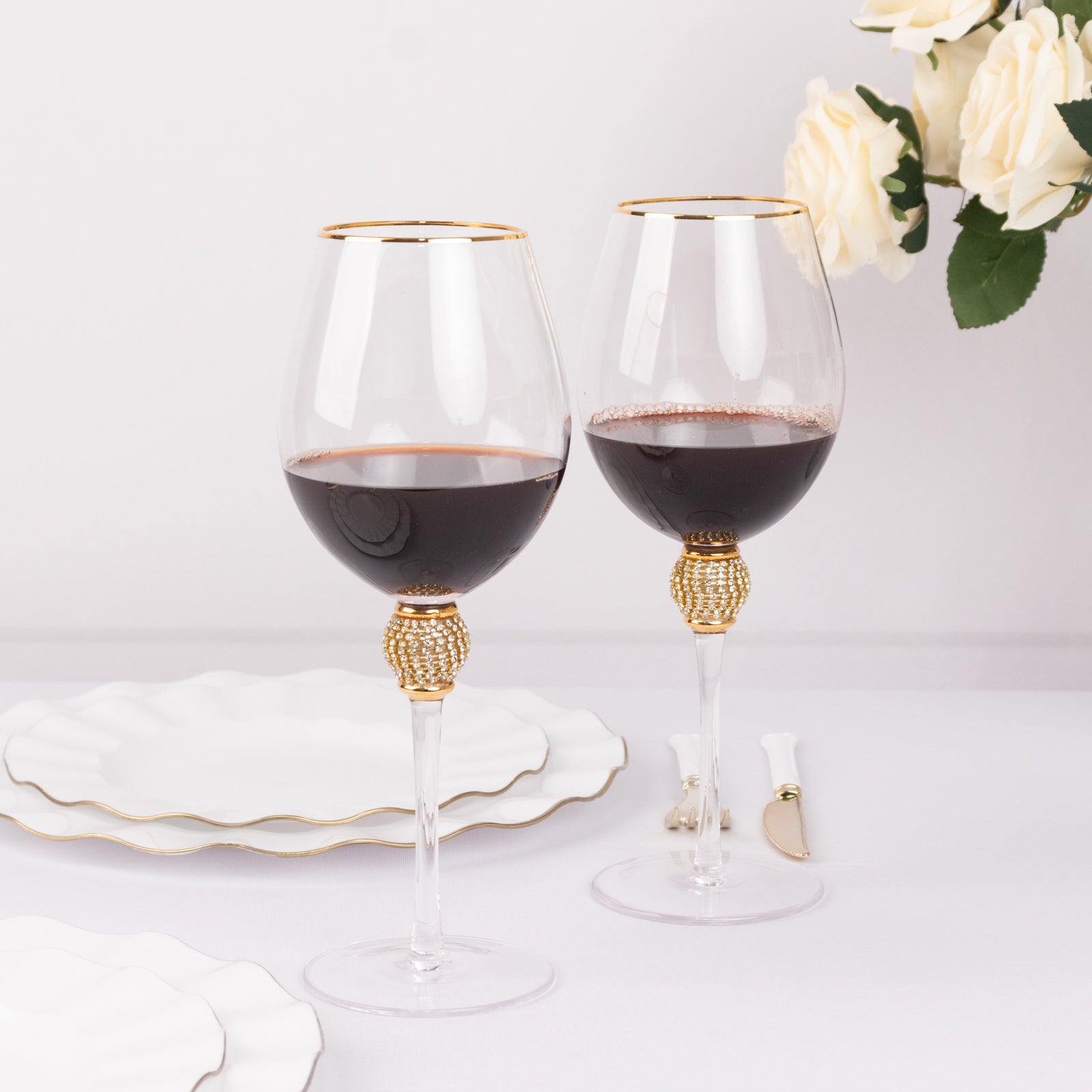 Set of 6 Wine Goblet Glasses Clear Gold Rimmed Design with Rhinestone Studded Stem - Handblown Vintage Crystal Glasses for Cocktails 16oz 10"