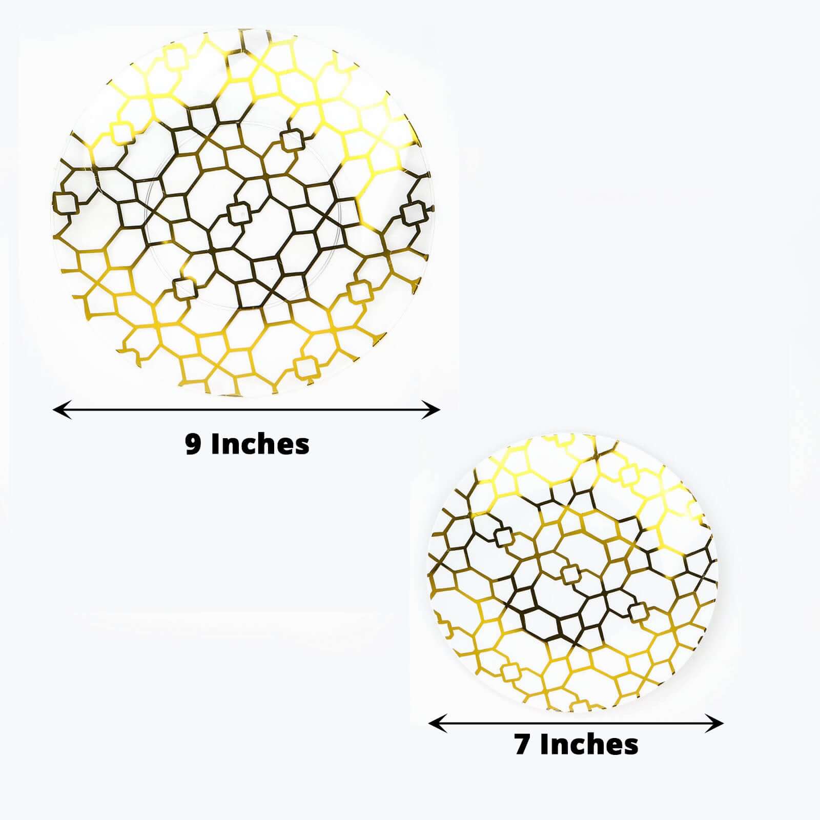 20-Pack Set Plastic Round Dinner and Salad Plates in White & Clear with Geometric Gold Print - Modern Disposable Dinnerware Set for Weddings & Celebrations 9", 7"
