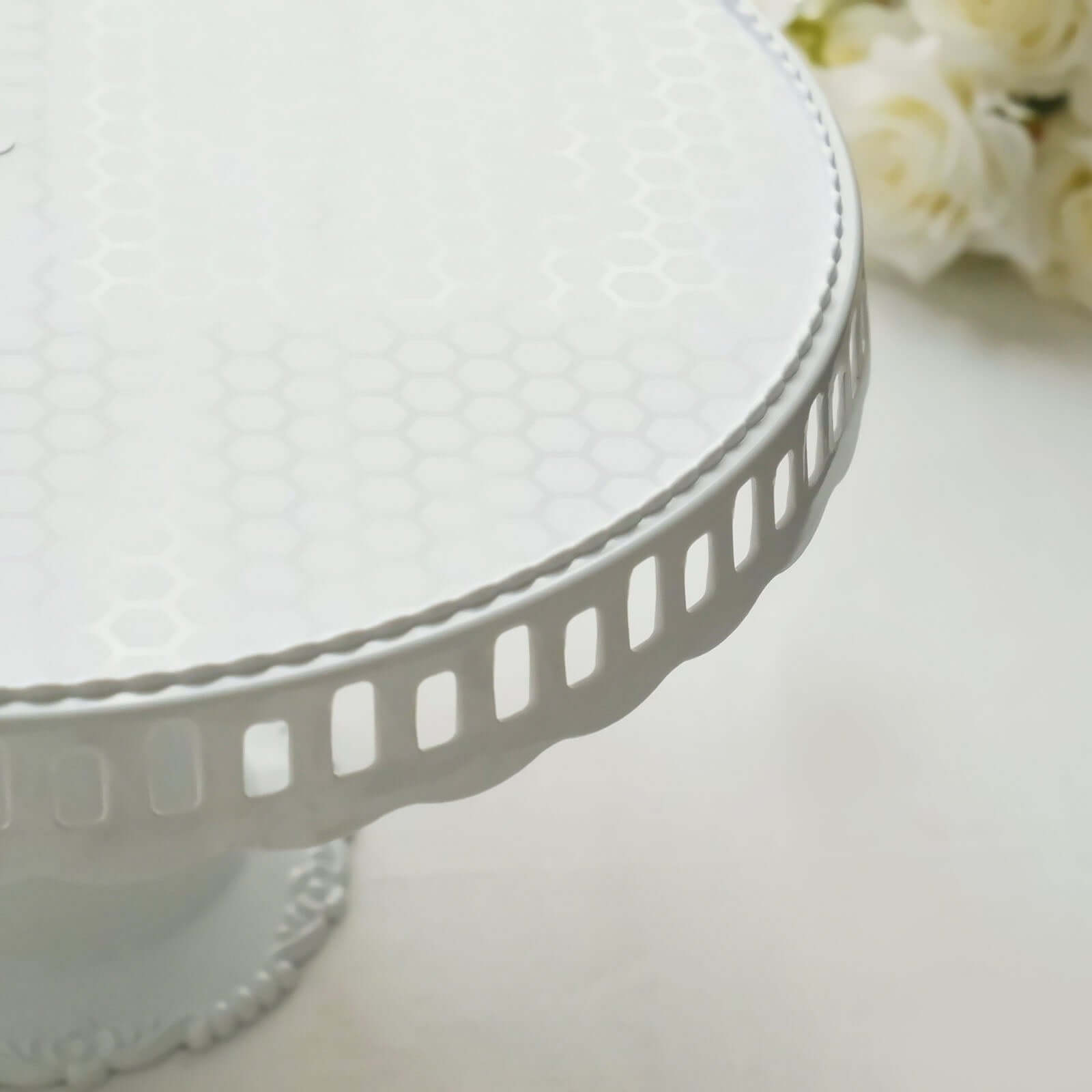 4-Pack Plastic Round Pedestal Cake Stands White - Reusable Cupcake Pastry Display Risers with Hollow Ribbon Trim Edges for Stylish Dessert Presentation 13"