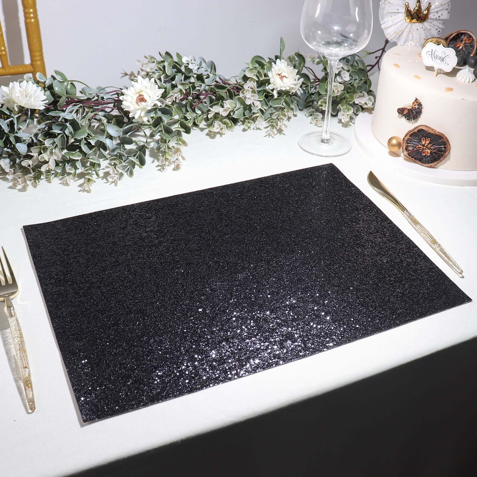 6-Pack Placemats Glitter Design Black Sparkle Rectangle - Non-Slip Decorative Dining Table Mats 12"x18"