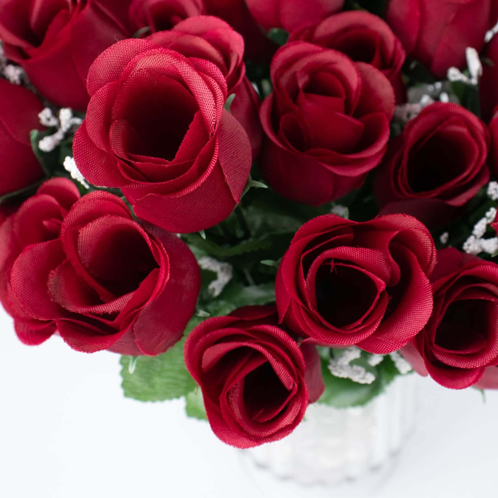 12 Bushes Burgundy Artificial Premium Silk Flower Rose Bud Bouquets