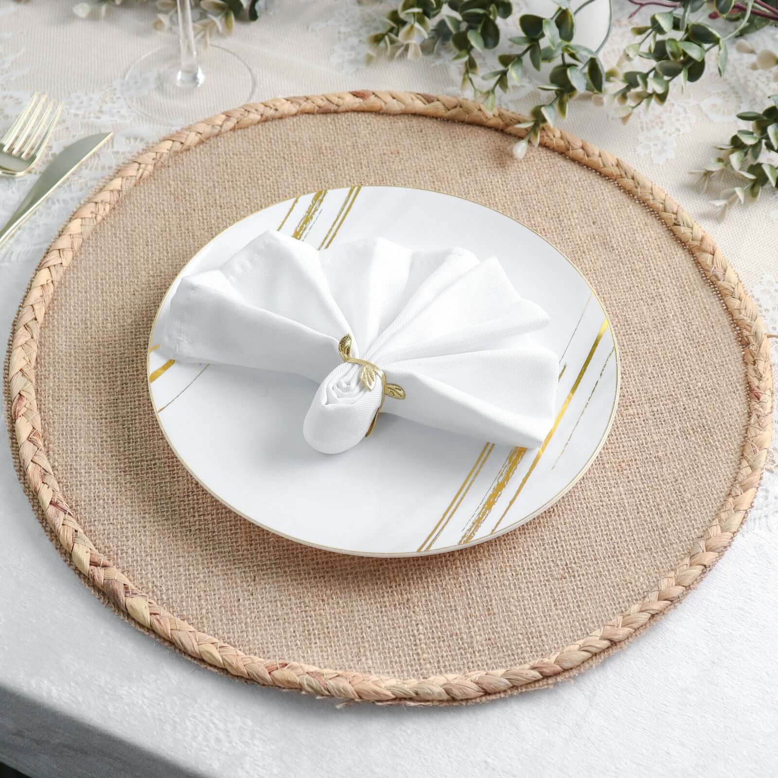 4-Pack Placemats Braided Edge Design Natural Burlap Jute Round - Rustic Farmhouse Style with Trim 15"