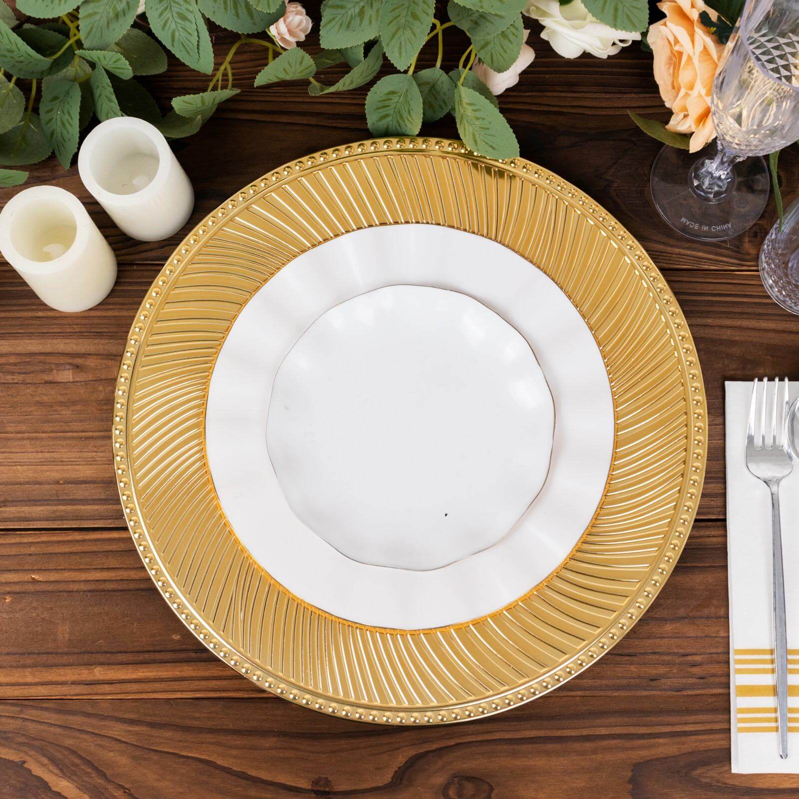 6-Pack Acrylic Round Charger Plates 13" in Metallic Gold Swirl Pattern with Beaded Rim, Plastic Decorative Dinner Party Charger Tableware