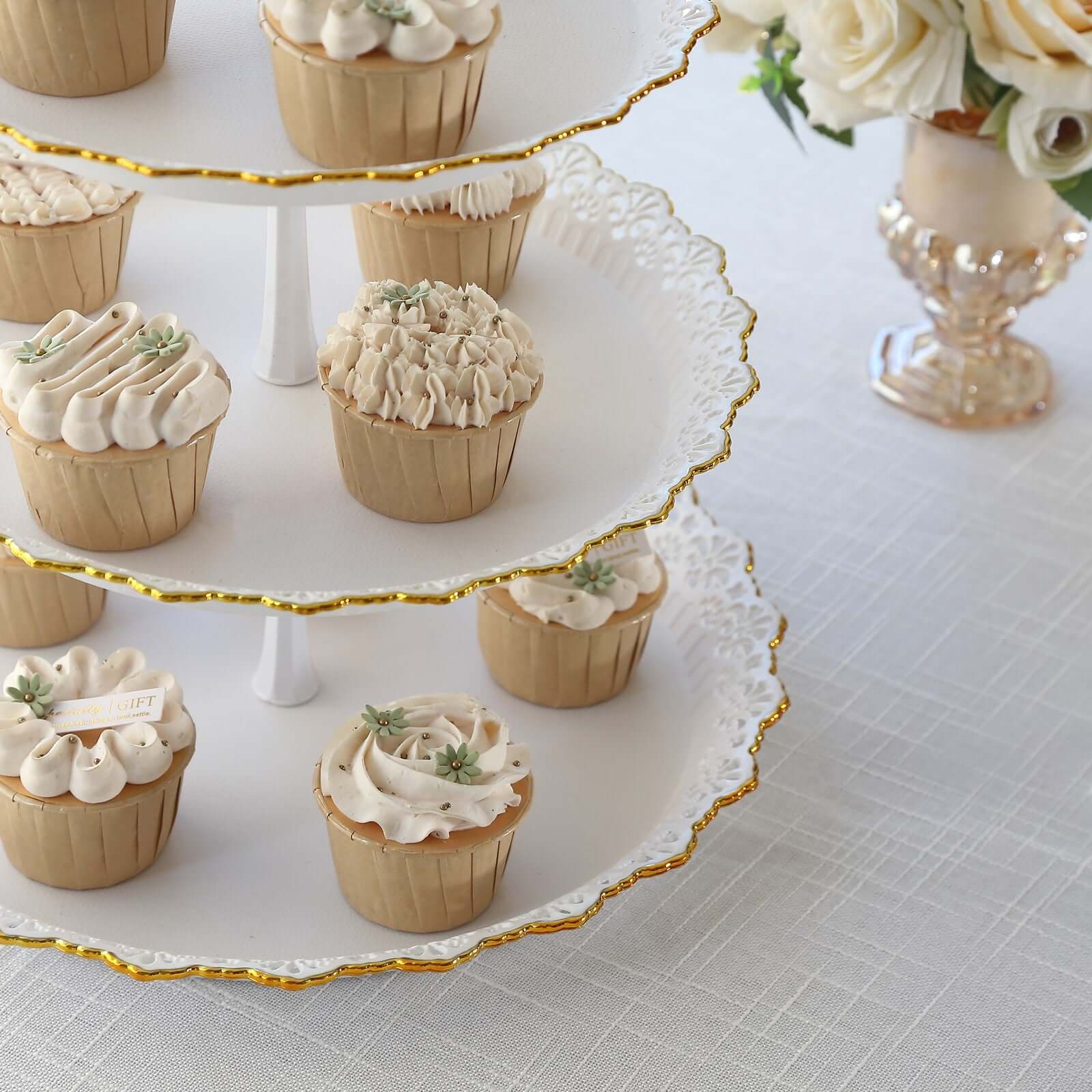 3-Tier Plastic Round Cupcake Stand 15" White with Lace Gold Rim Scalloped Edges - Multifunctional Space Saving Dessert Display Tower Pastry Serving Tray for Classy Events