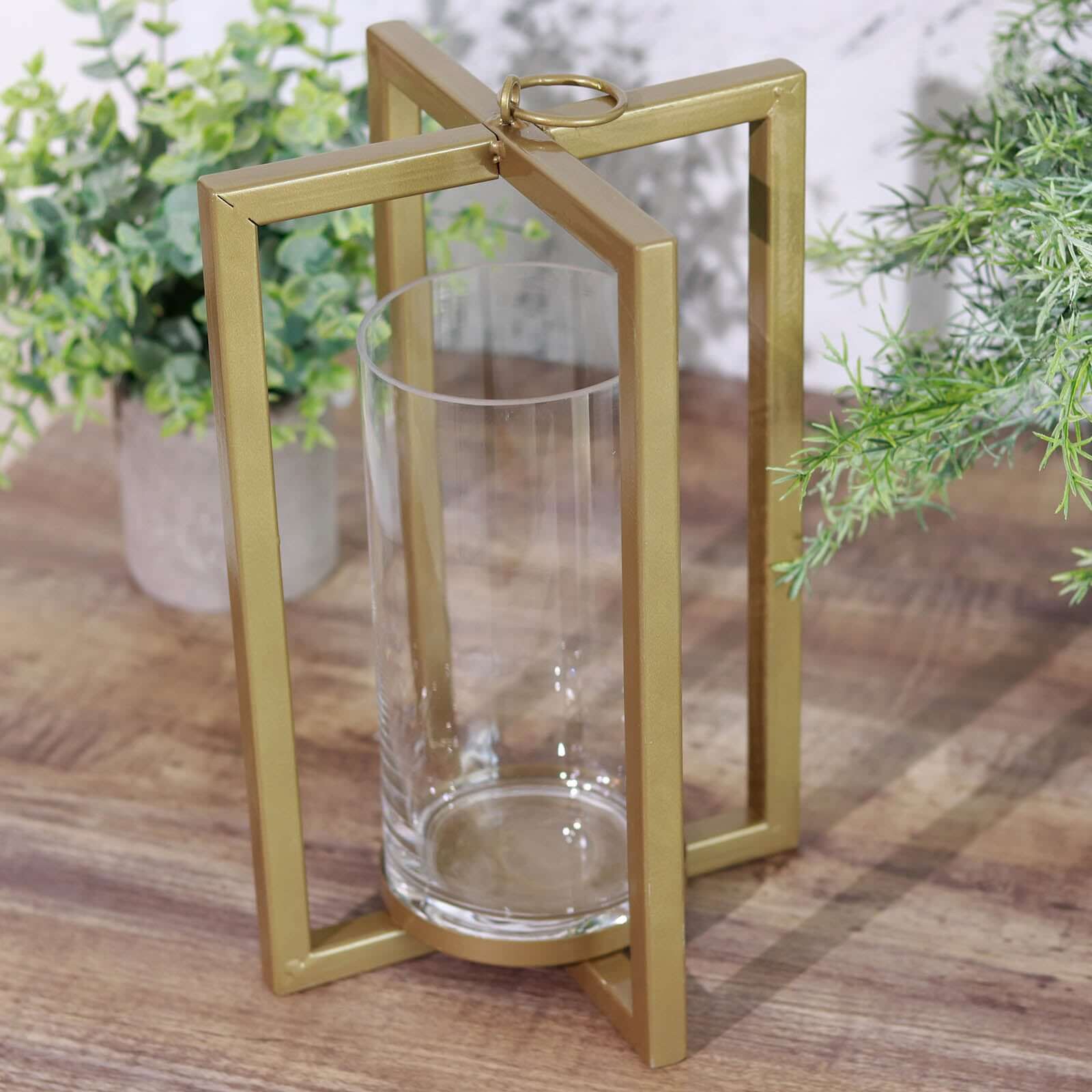 Lantern Candle Holder Gold Metal Geometric Cross Bar Design - Suitable for Modern Home and Event Centerpieces 11"
