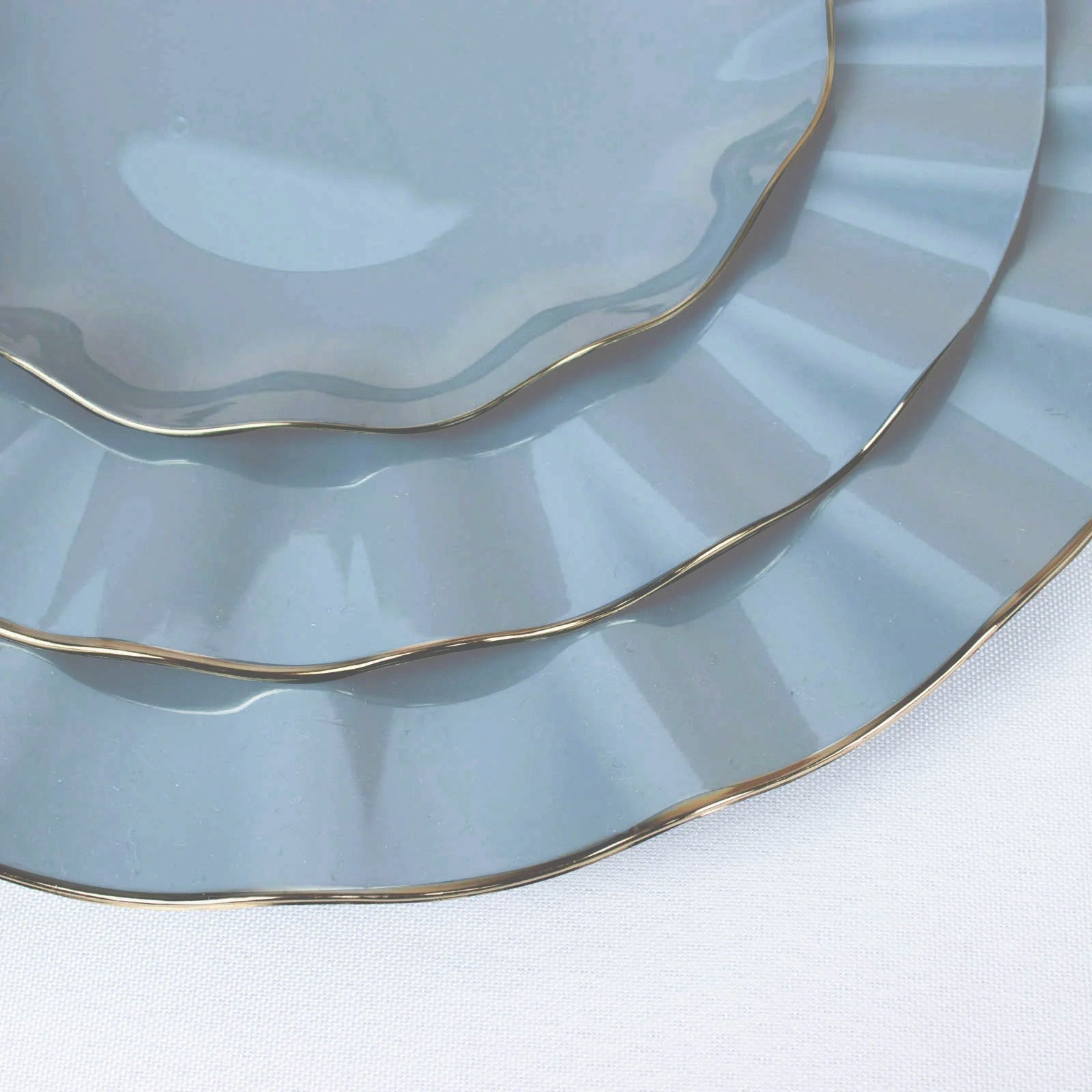 10-Pack Plastic Round 6" Dessert Plates in Dusty Blue Ruffled Rim with Gold Edging - Sturdy Disposable Salad Appetizer Dinnerware